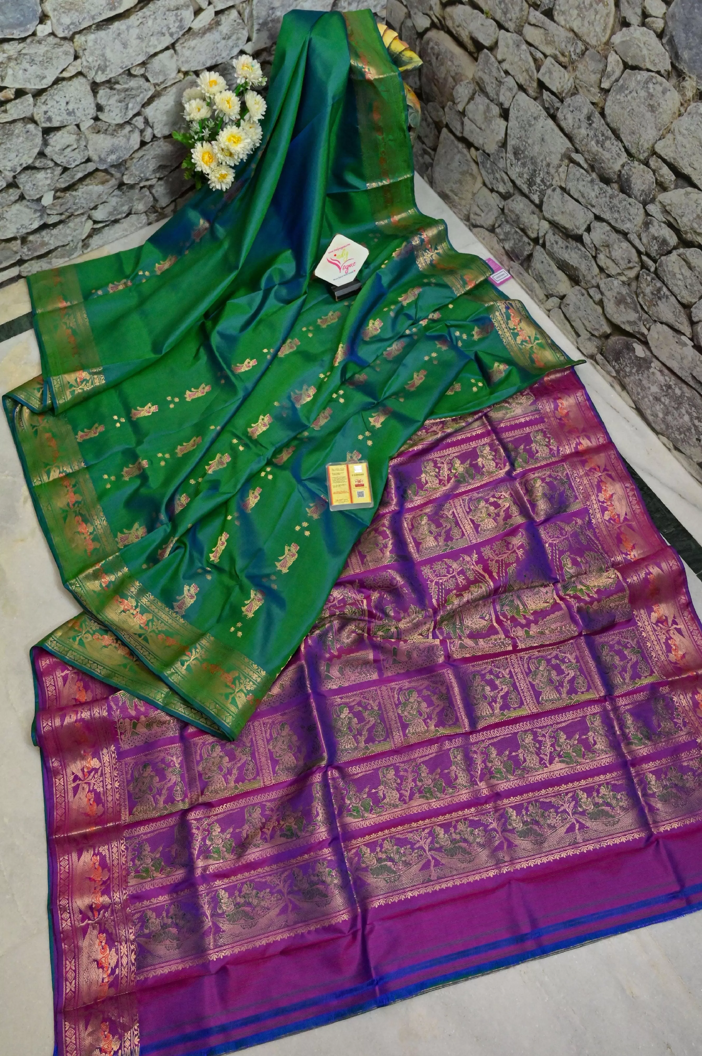 Dual Tone Green Color Baluchari Silk Saree with Contrast Pallu