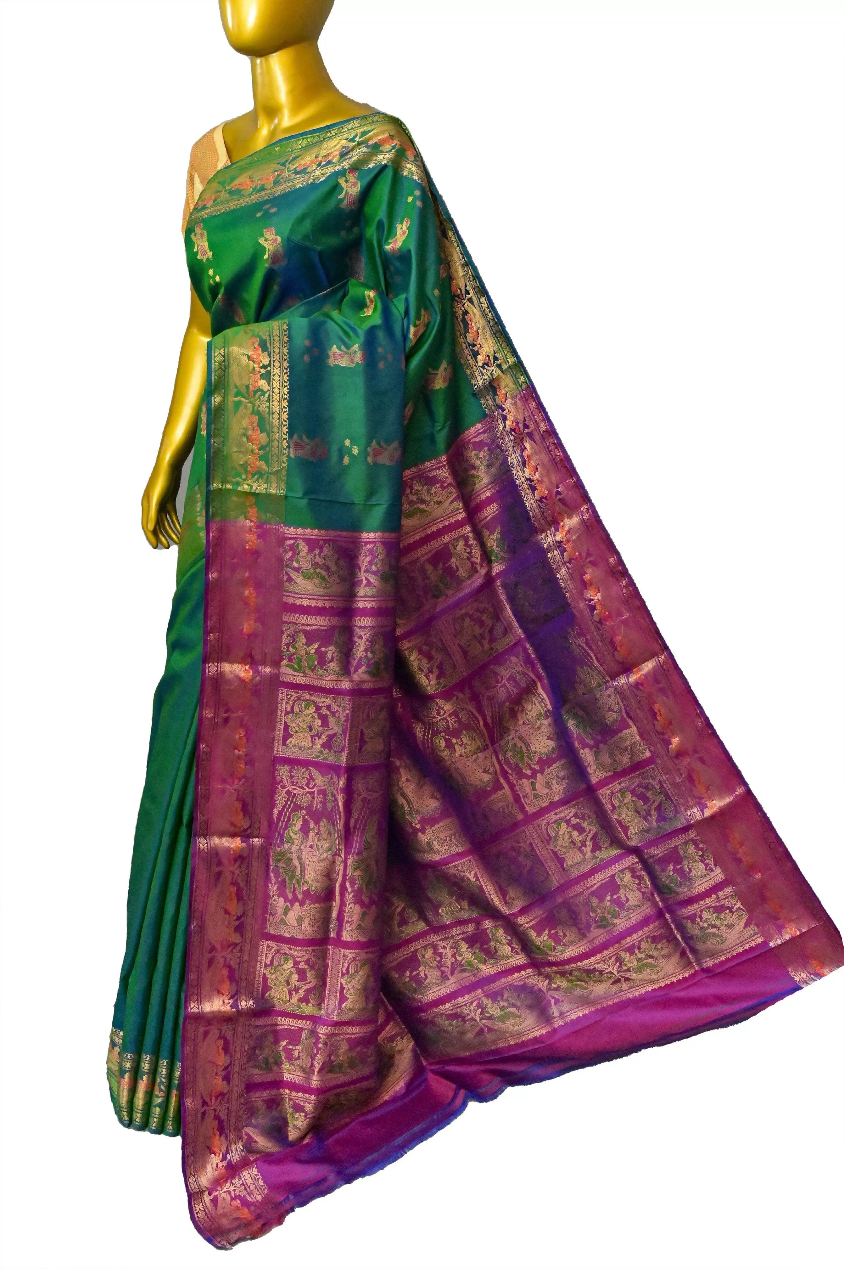 Dual Tone Green Color Baluchari Silk Saree with Contrast Pallu