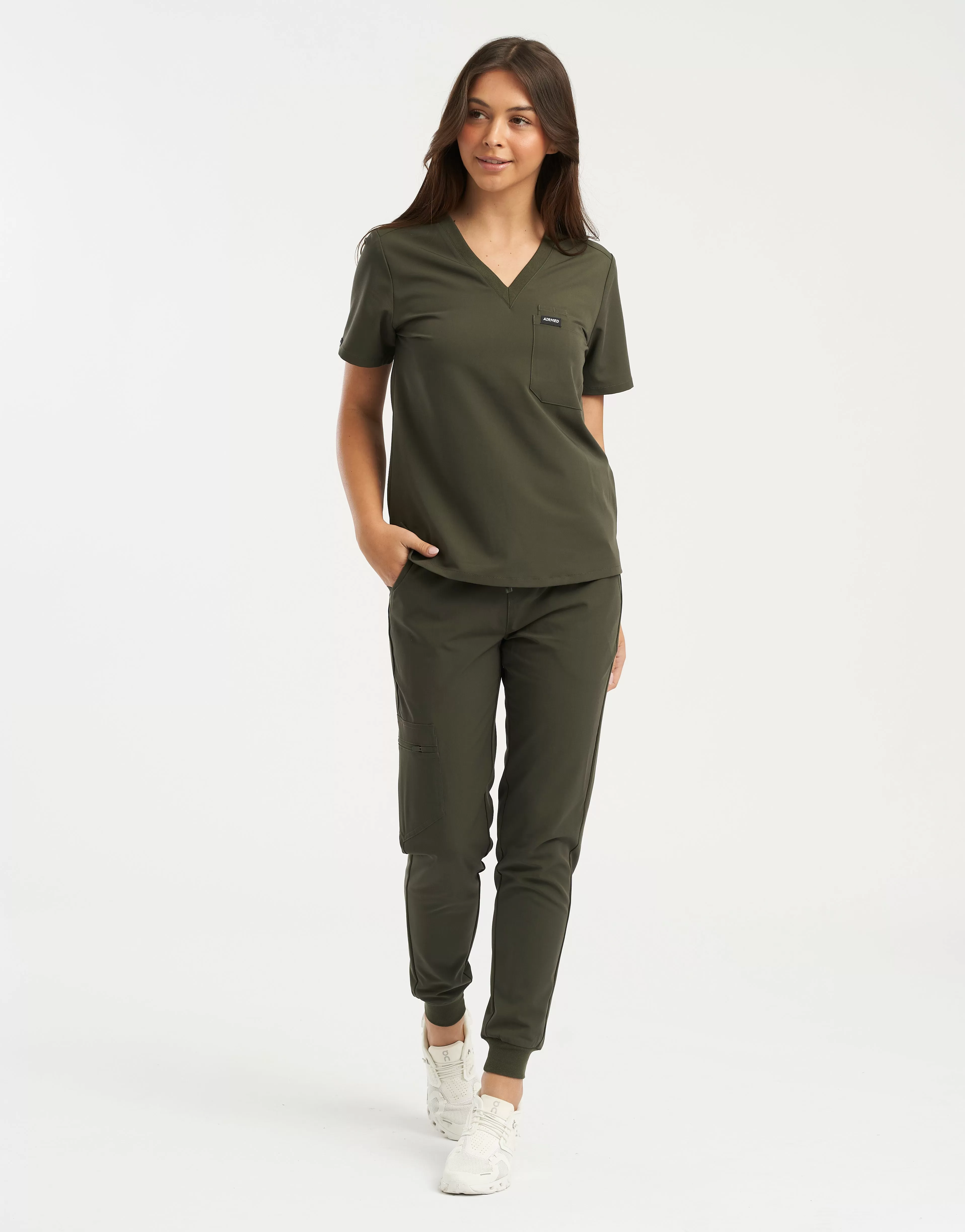 Essential One Pocket V Neck Scrub Top - Khaki Green