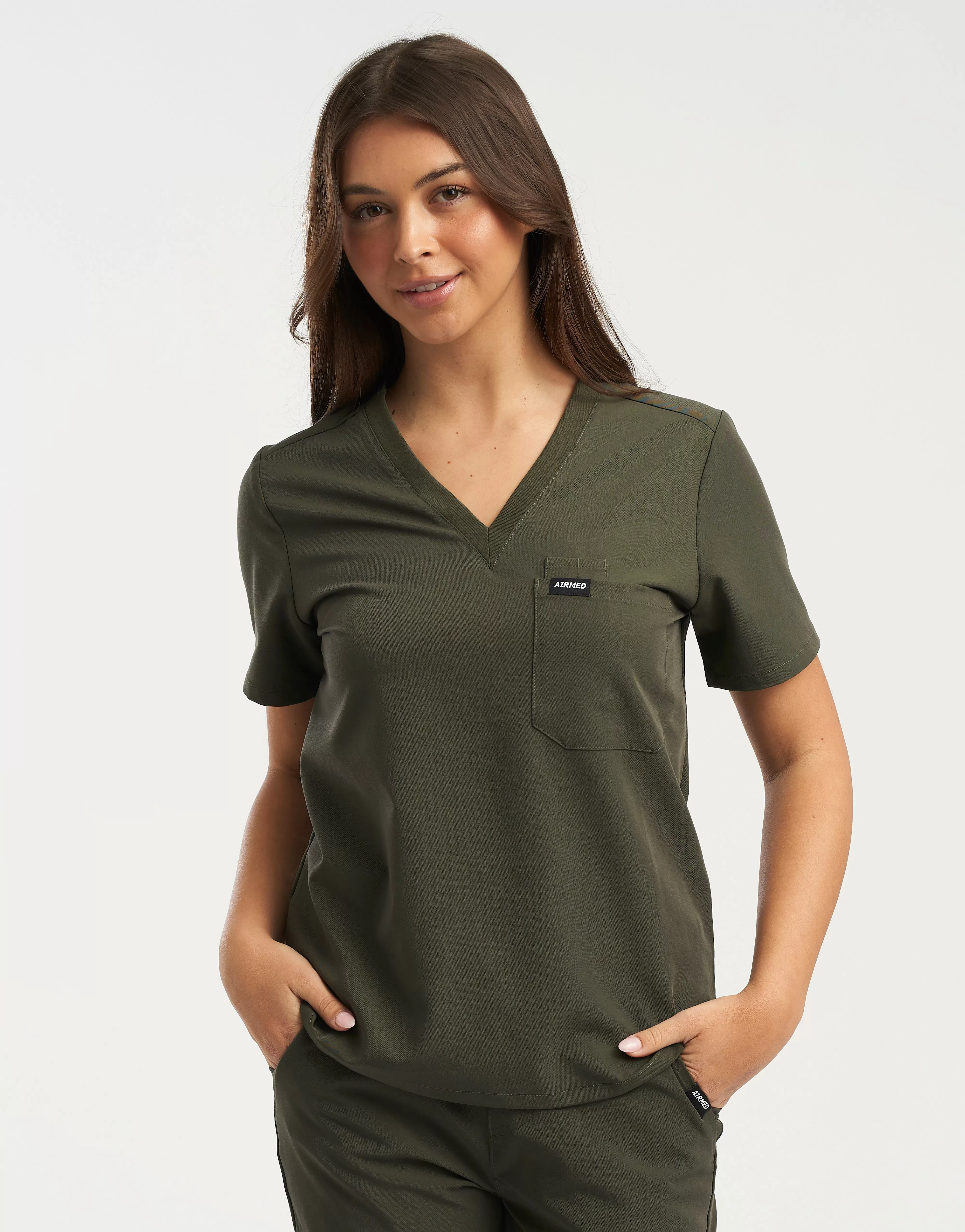 Essential One Pocket V Neck Scrub Top - Khaki Green