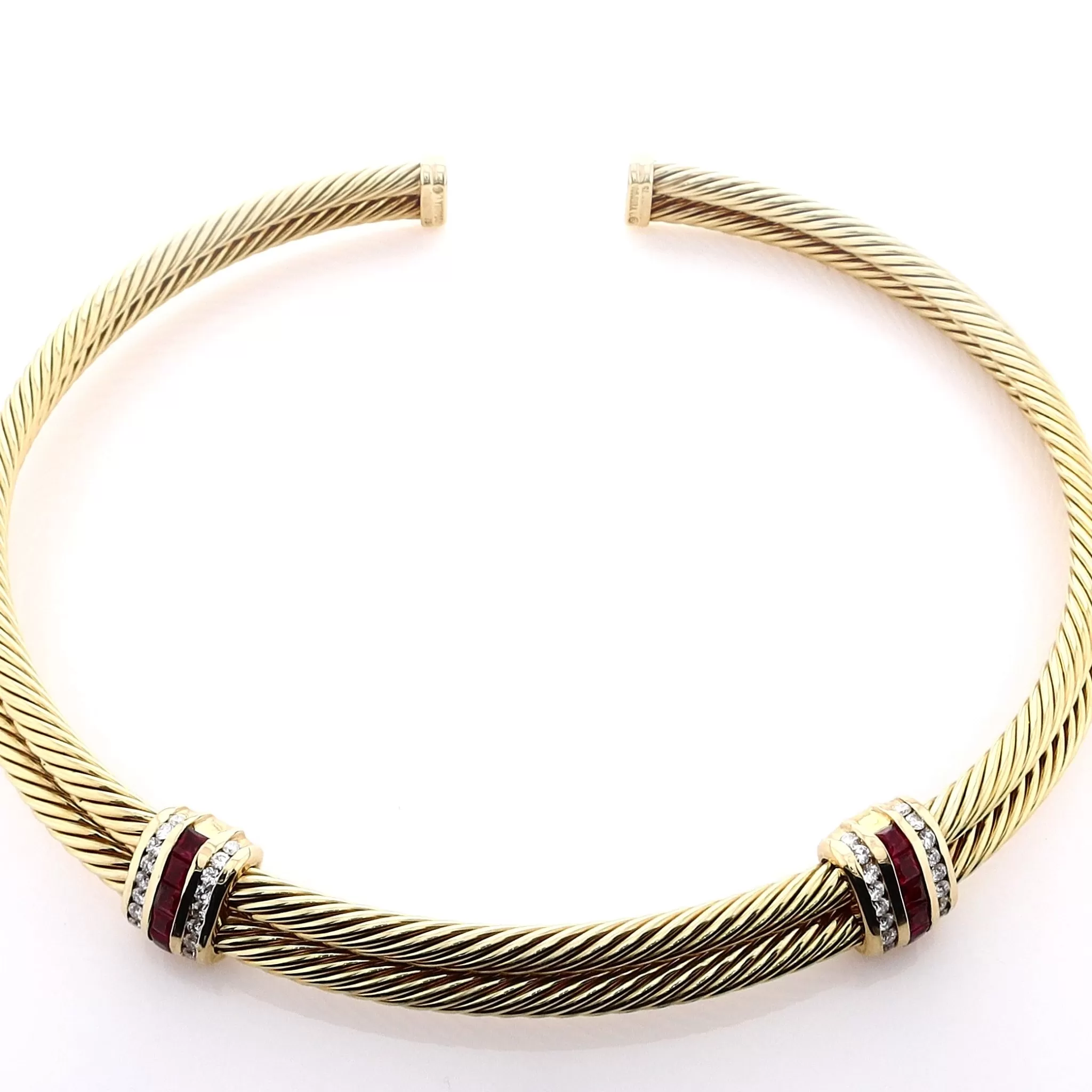 Estate David Yurman 18k Yellow Gold Ruby and Diamond Double Cable Collar Necklace