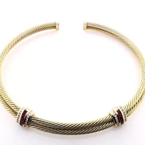 Estate David Yurman 18k Yellow Gold Ruby and Diamond Double Cable Collar Necklace