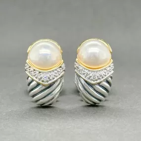 Estate David Yurman SS Two Tone Capri Pearl & Diamond Earrings