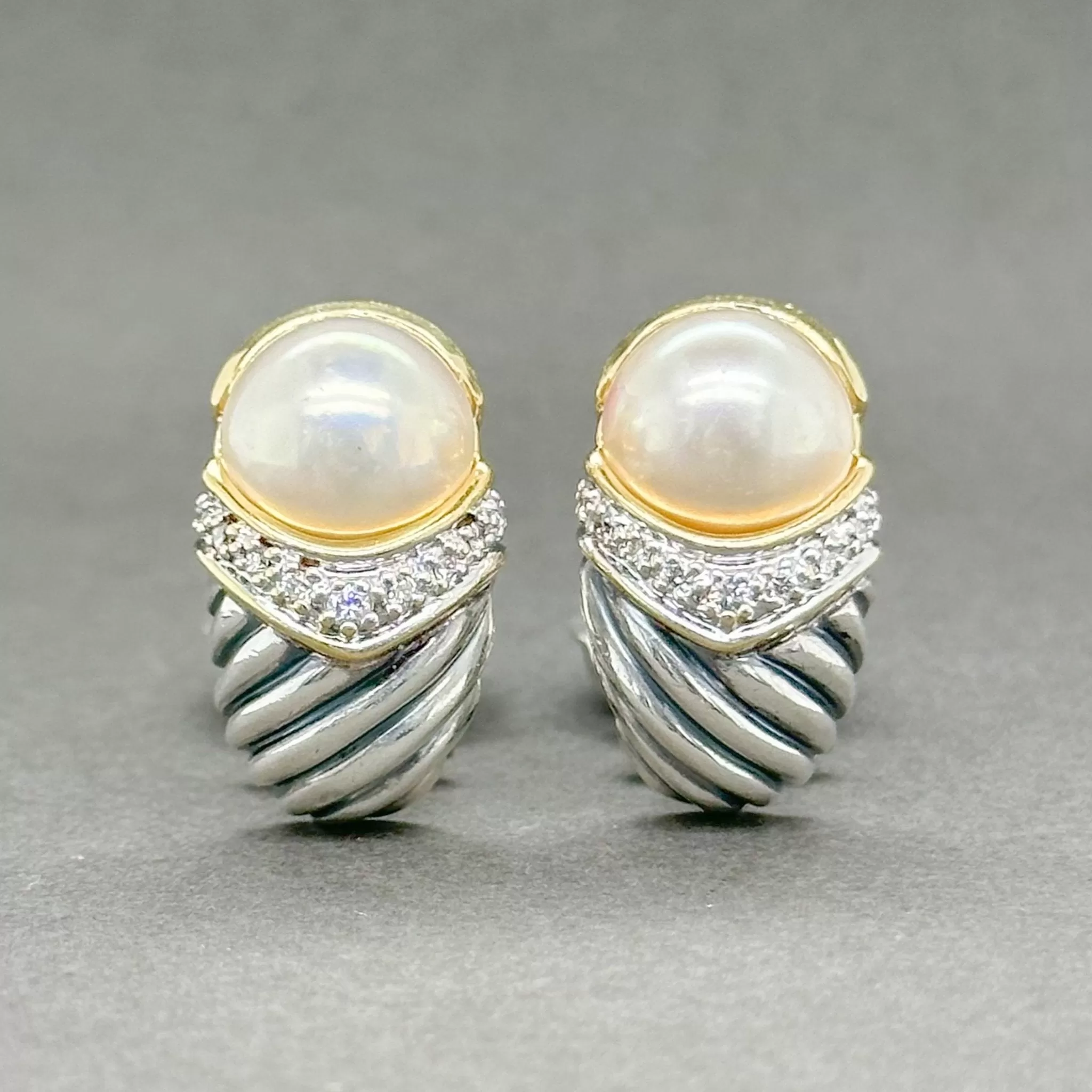 Estate David Yurman SS Two Tone Capri Pearl & Diamond Earrings