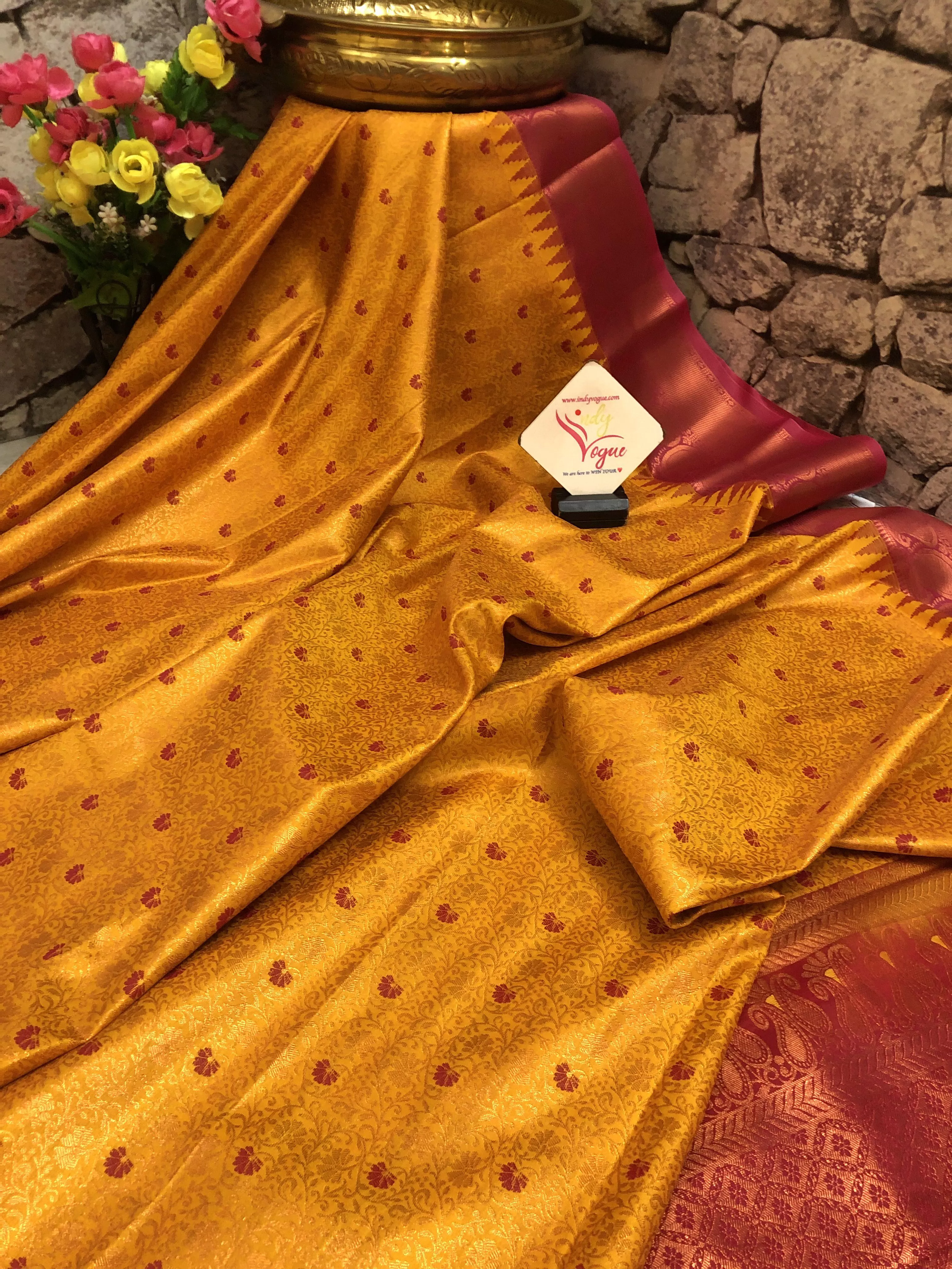 Fiery Golden Yellow Color Kanjeevaram Saree with Brocade Work