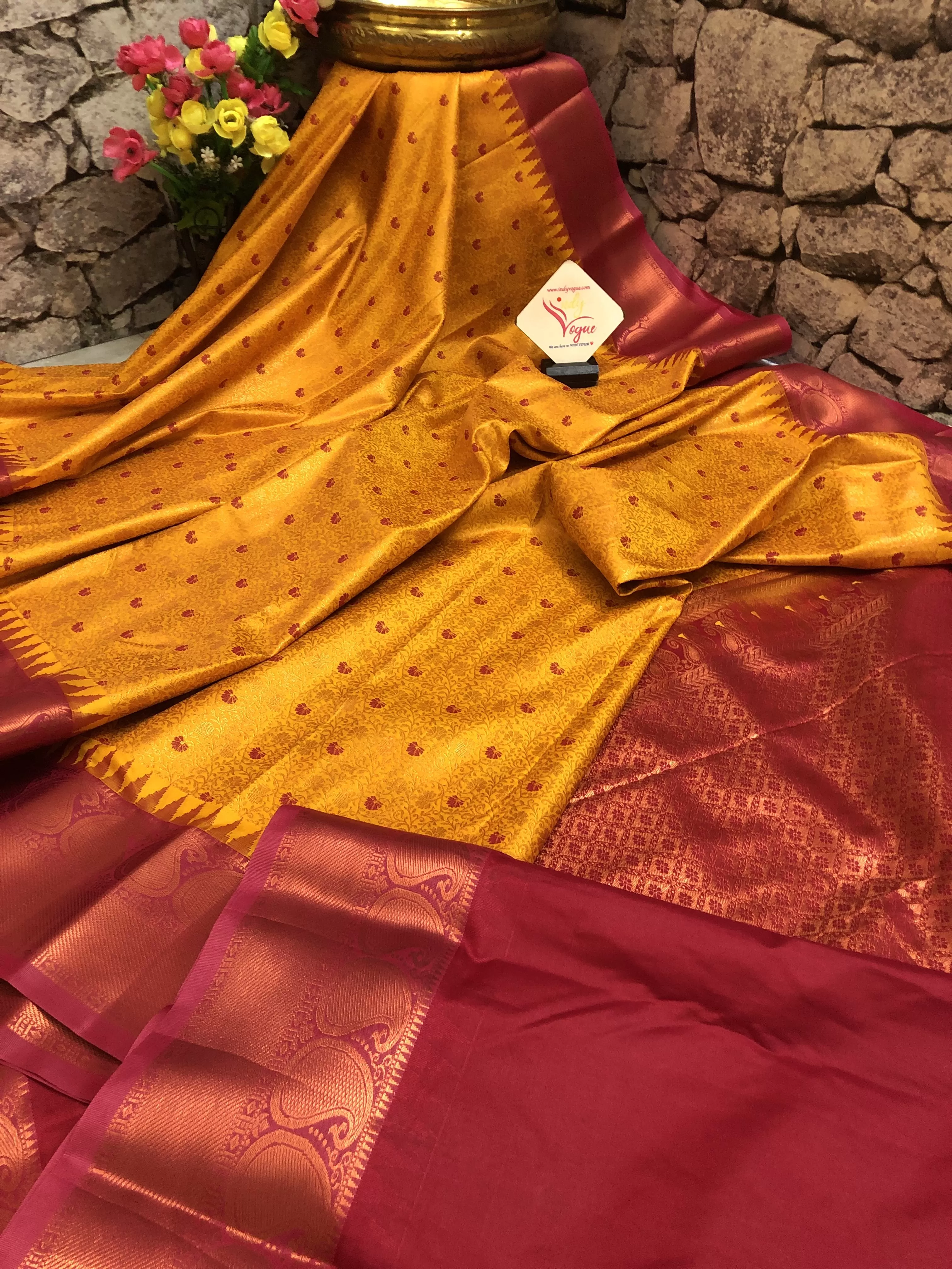 Fiery Golden Yellow Color Kanjeevaram Saree with Brocade Work