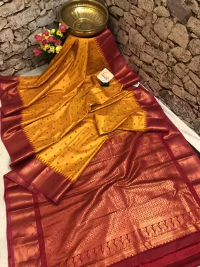 Fiery Golden Yellow Color Kanjeevaram Saree with Brocade Work