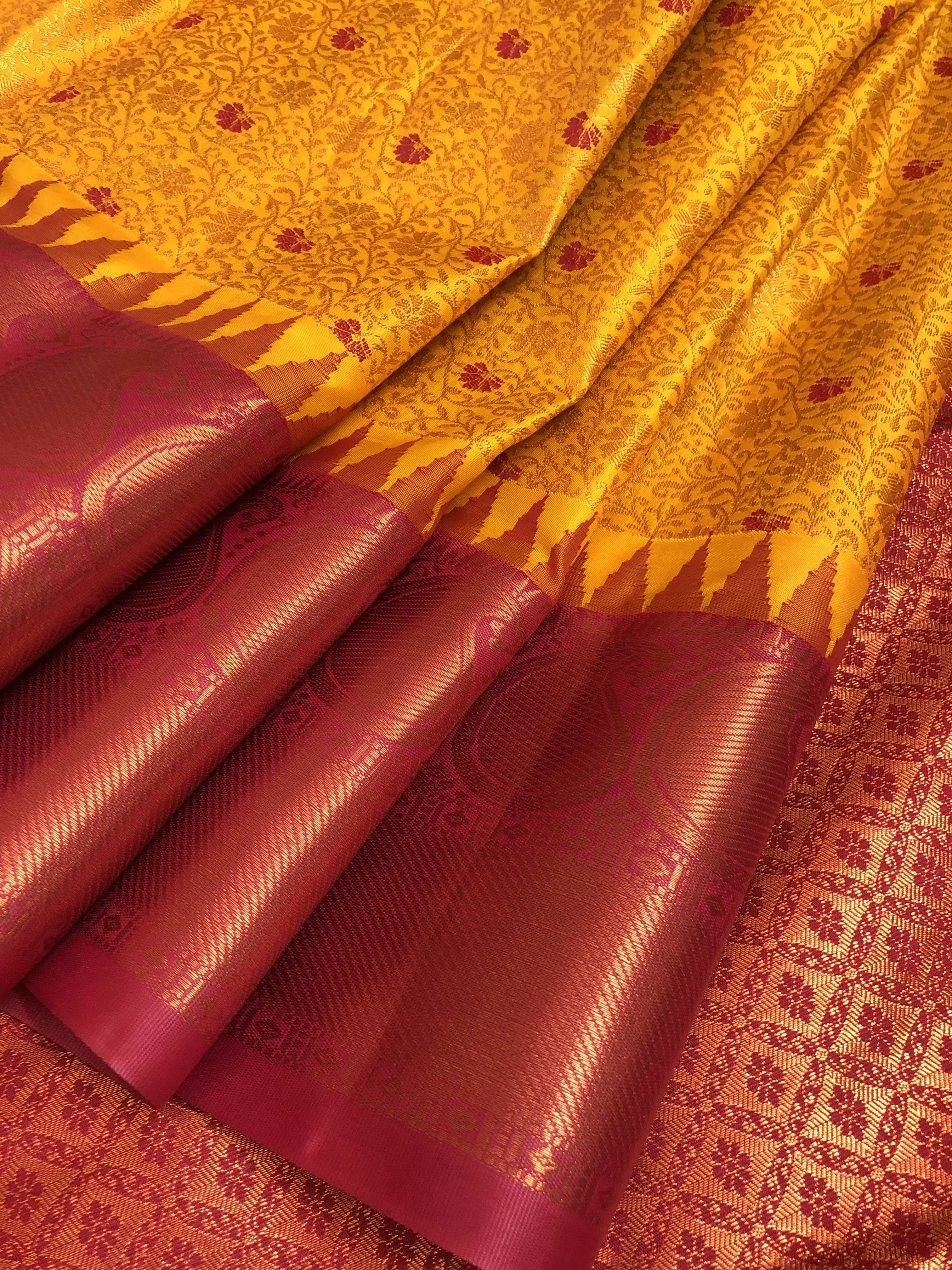 Fiery Golden Yellow Color Kanjeevaram Saree with Brocade Work