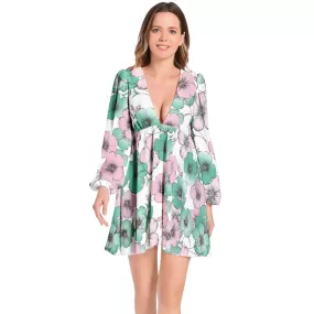 Floral Flare Lantern Sleeve Deep V-Neck Short Dress