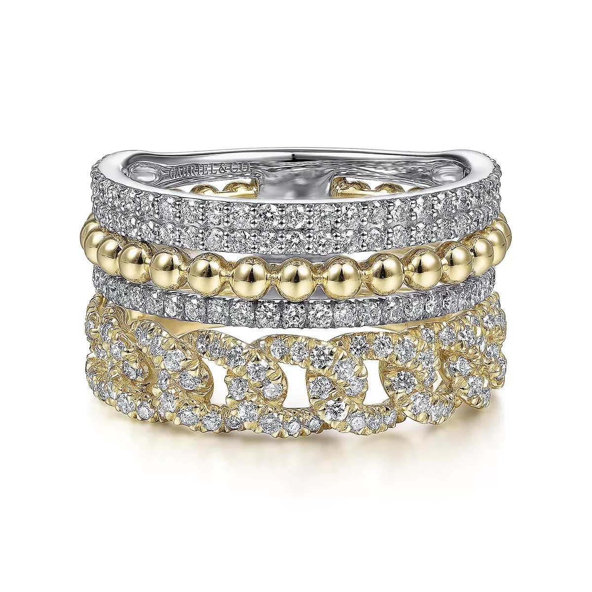 Gabriel 14K White-Yellow Gold Wide Band Layered Diamond Easy-Stackable, 11.4MM