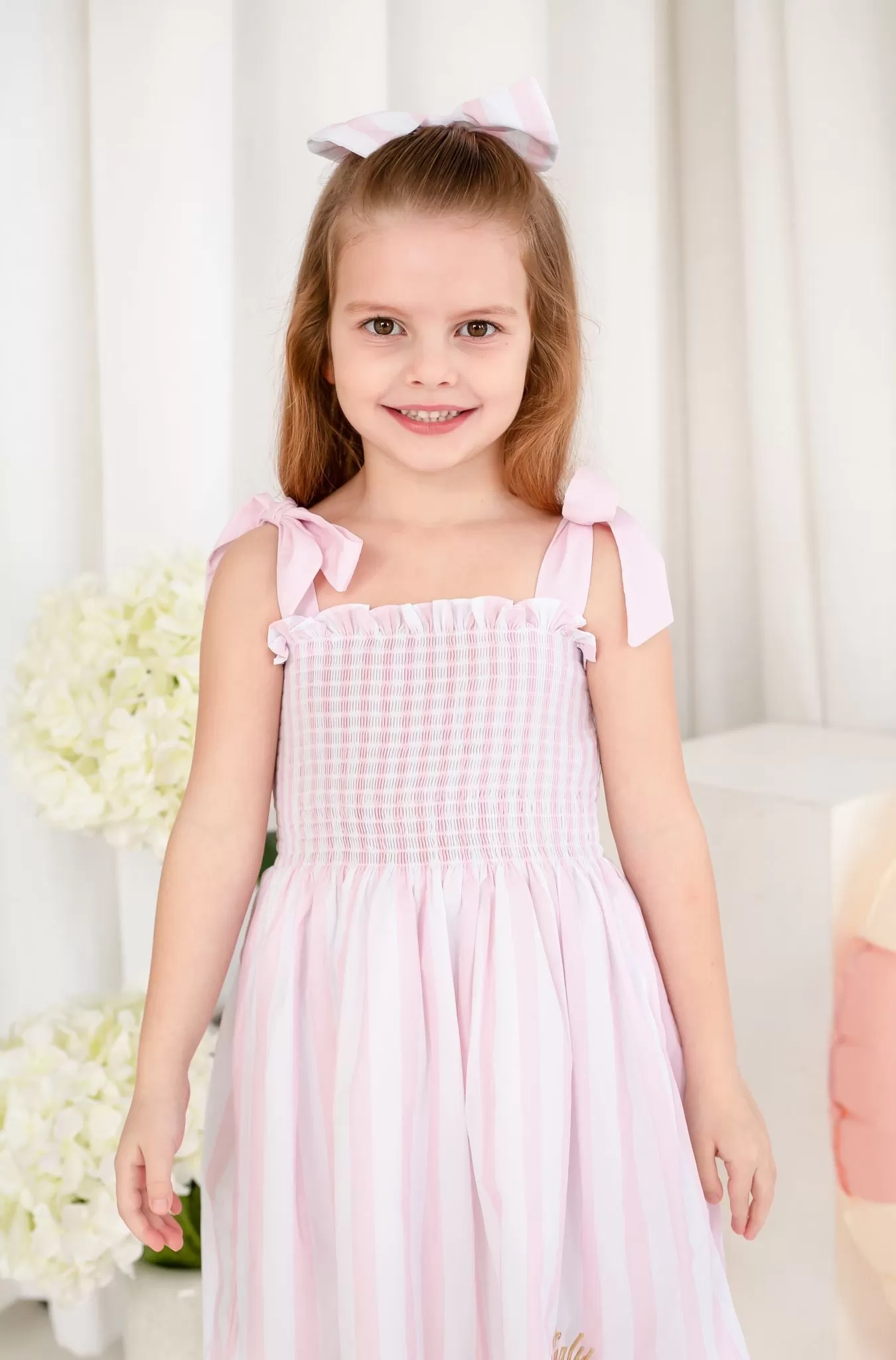 Girls Pink Candy Stripe Tie Shoulder Dress