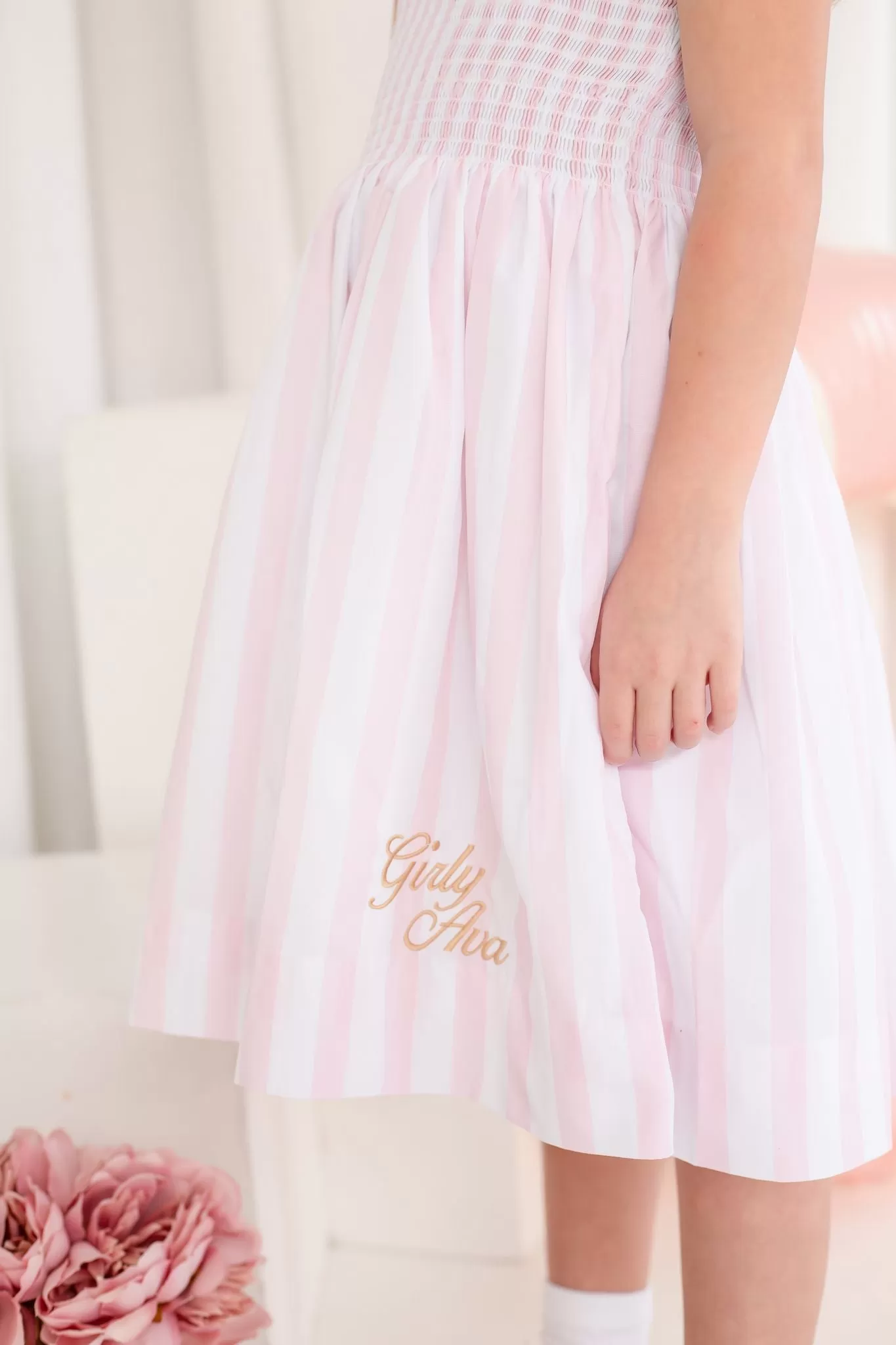 Girls Pink Candy Stripe Tie Shoulder Dress