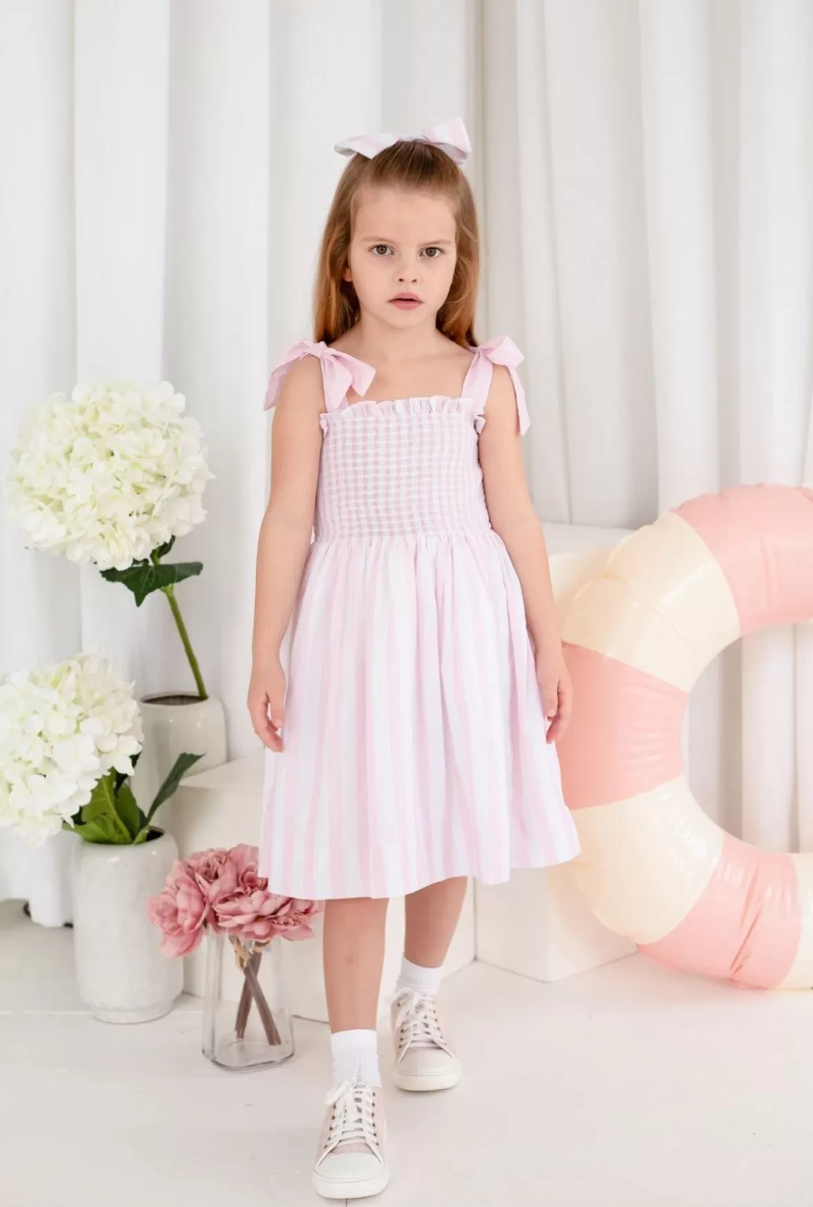 Girls Pink Candy Stripe Tie Shoulder Dress