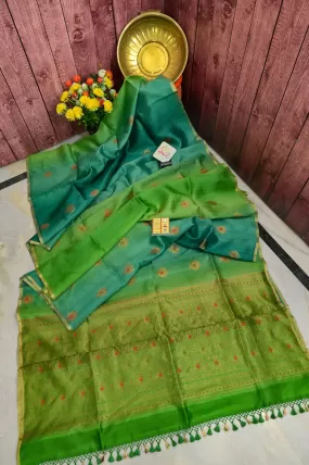 Green Color Pure Tussar Silk Saree with Tie-Dye and Meenakari Work