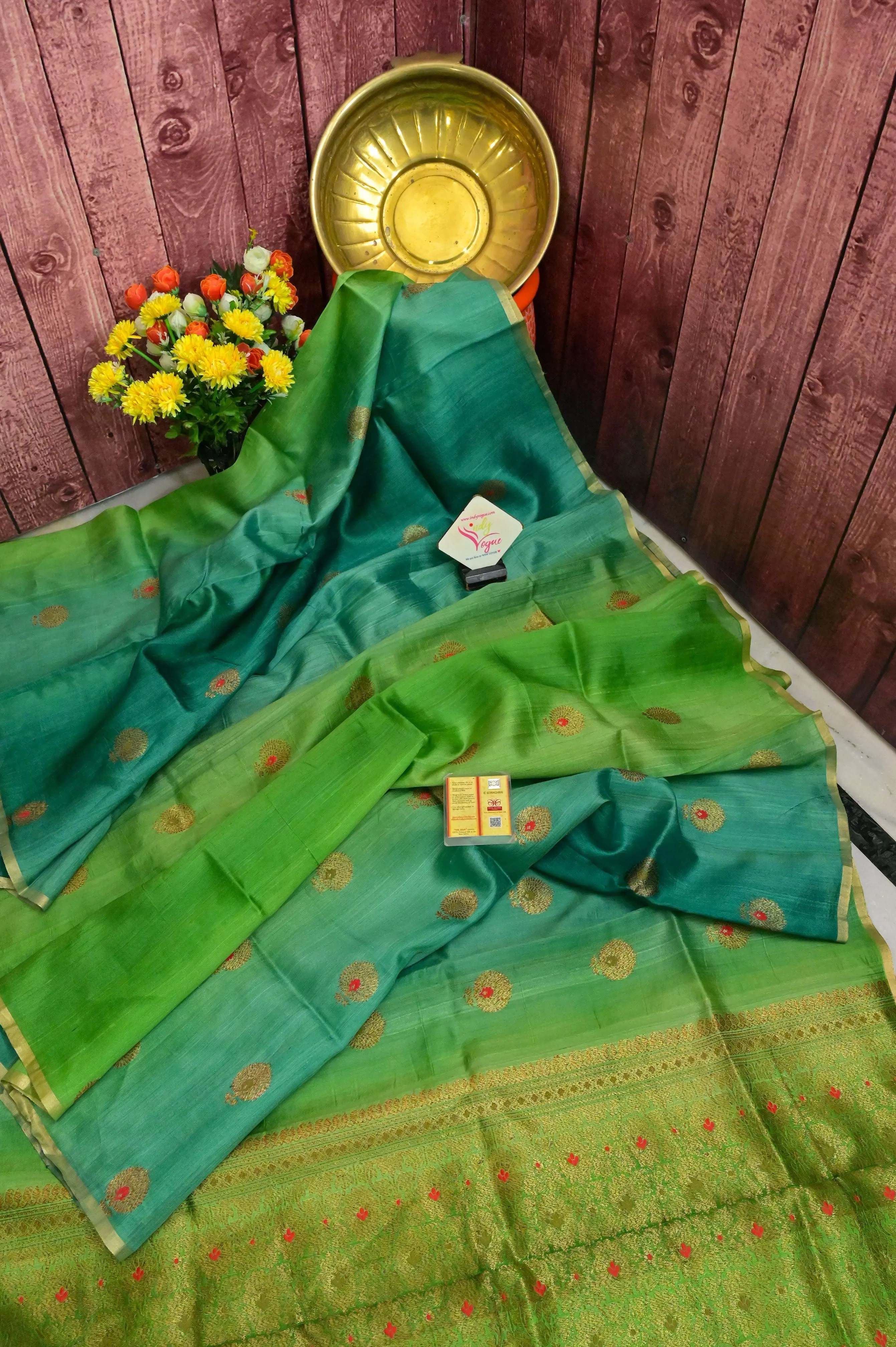 Green Color Pure Tussar Silk Saree with Tie-Dye and Meenakari Work