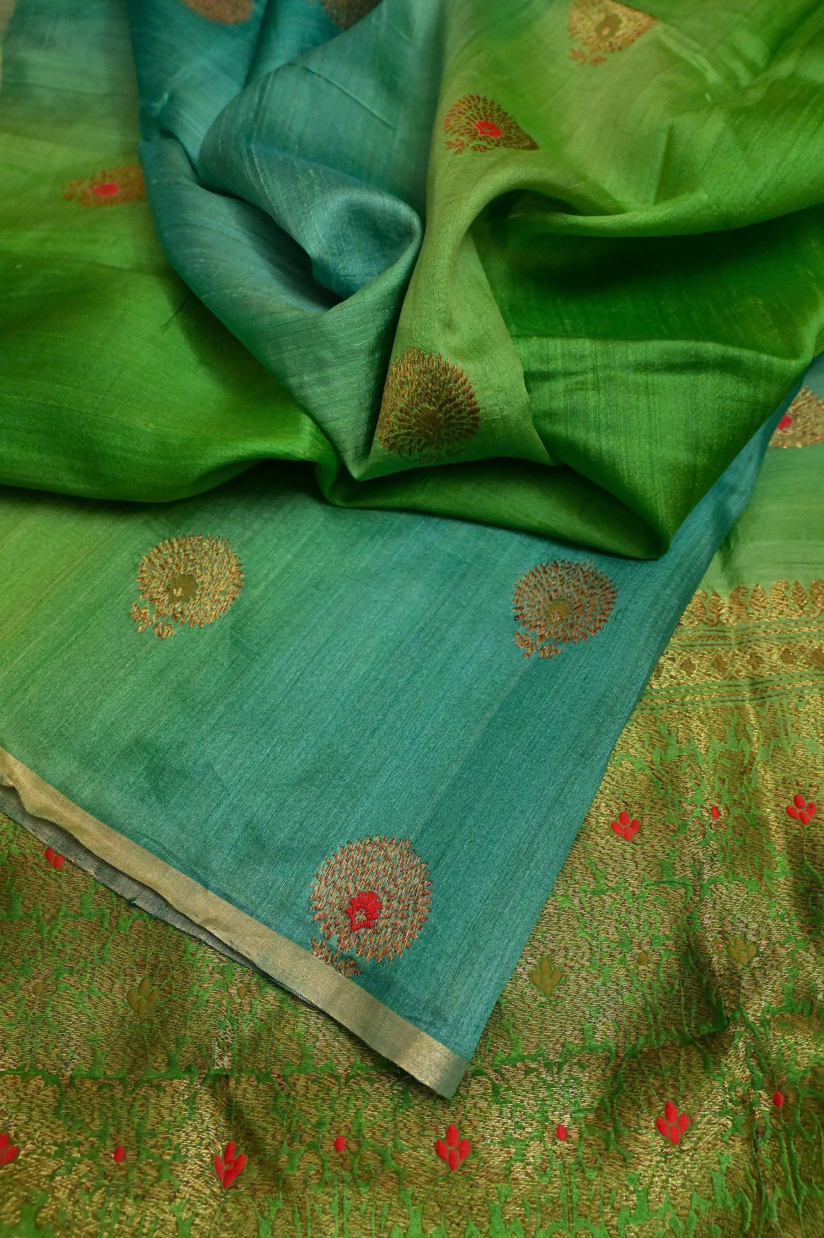 Green Color Pure Tussar Silk Saree with Tie-Dye and Meenakari Work