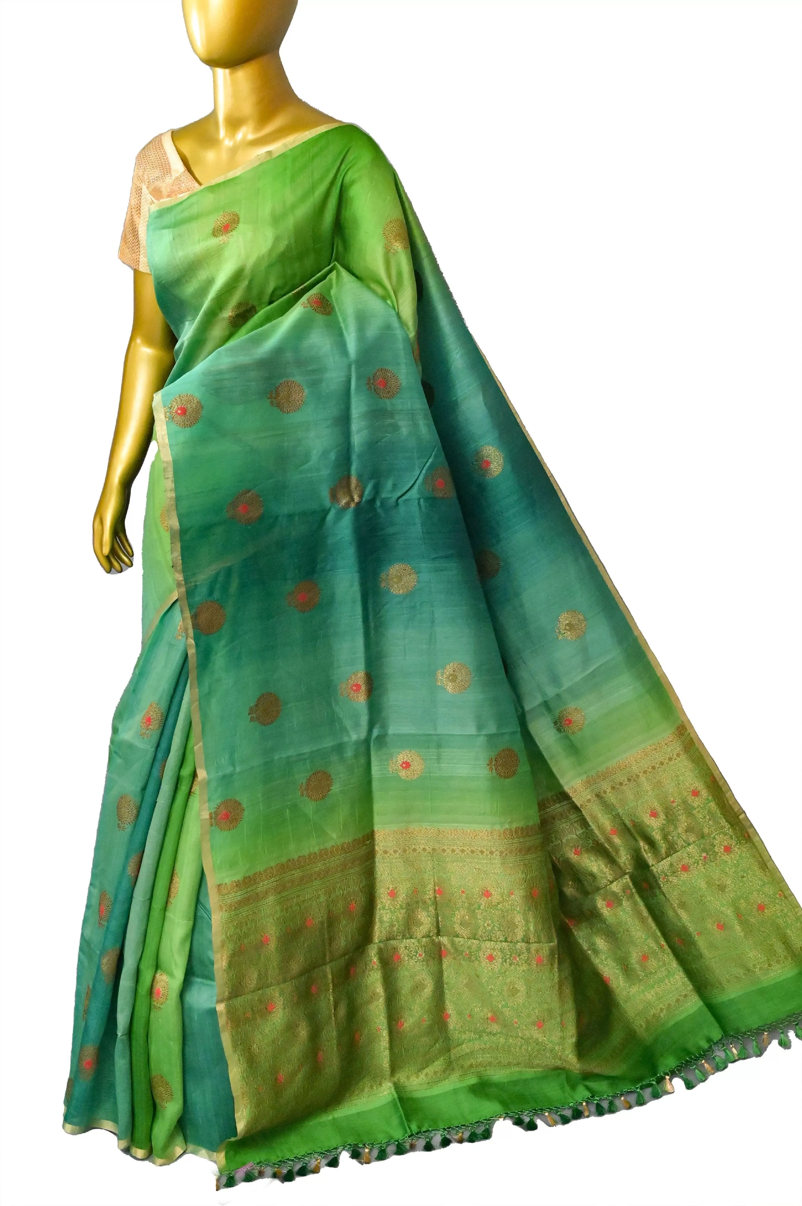 Green Color Pure Tussar Silk Saree with Tie-Dye and Meenakari Work