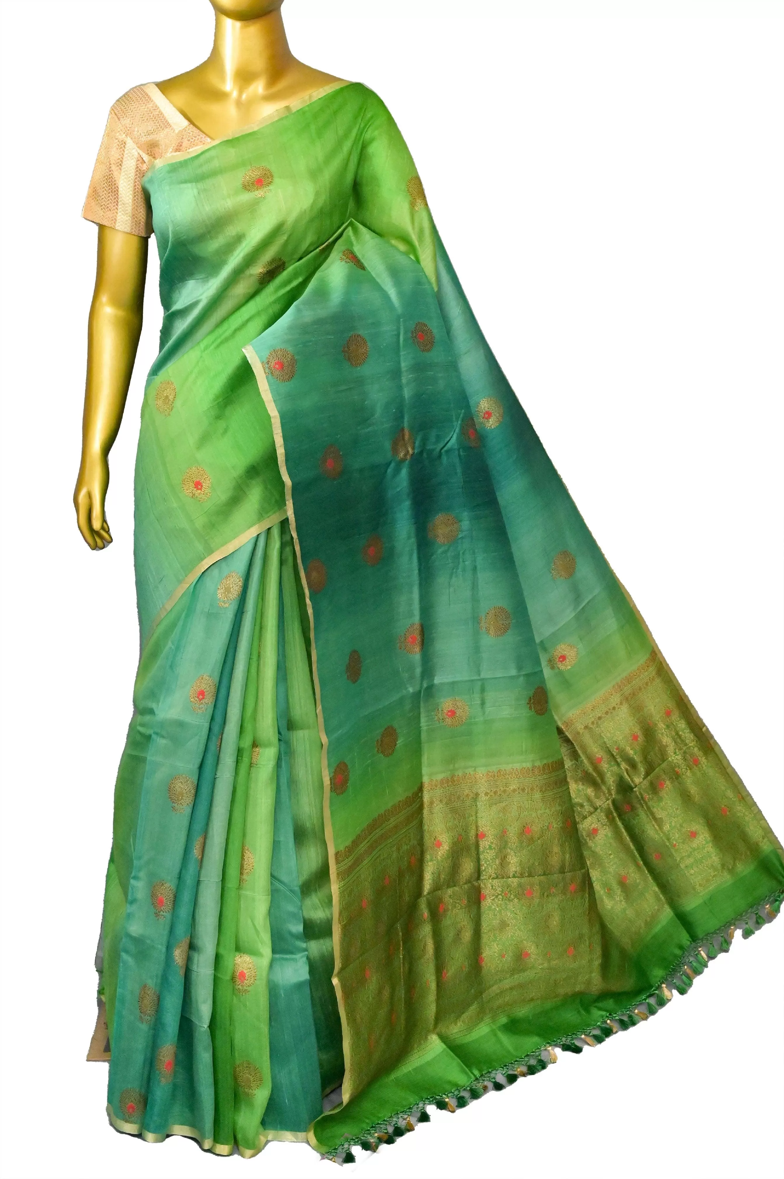 Green Color Pure Tussar Silk Saree with Tie-Dye and Meenakari Work