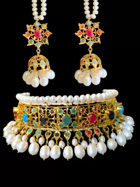 Hyderabadi navratan choker set in gold plated silver