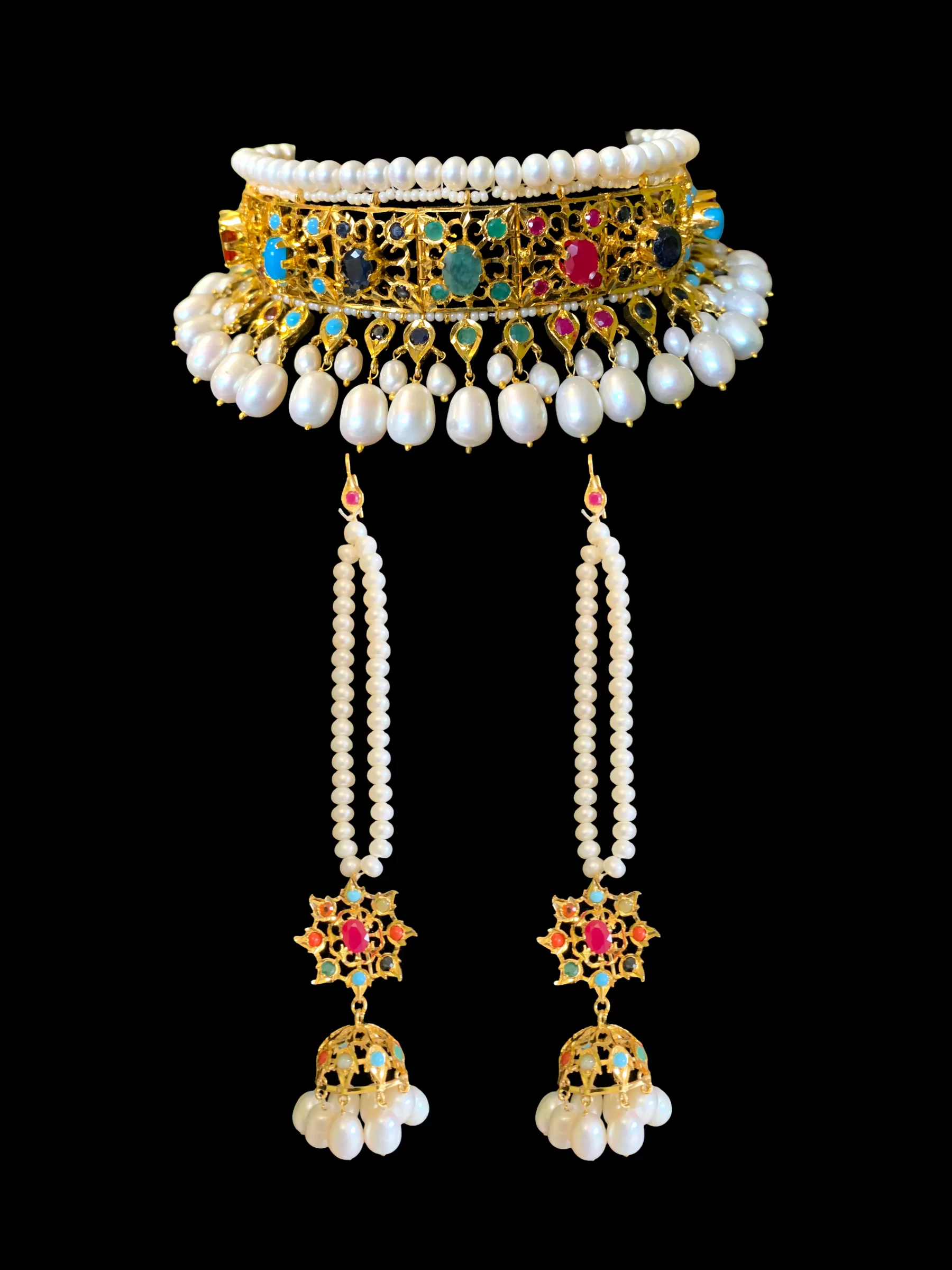 Hyderabadi navratan choker set in gold plated silver