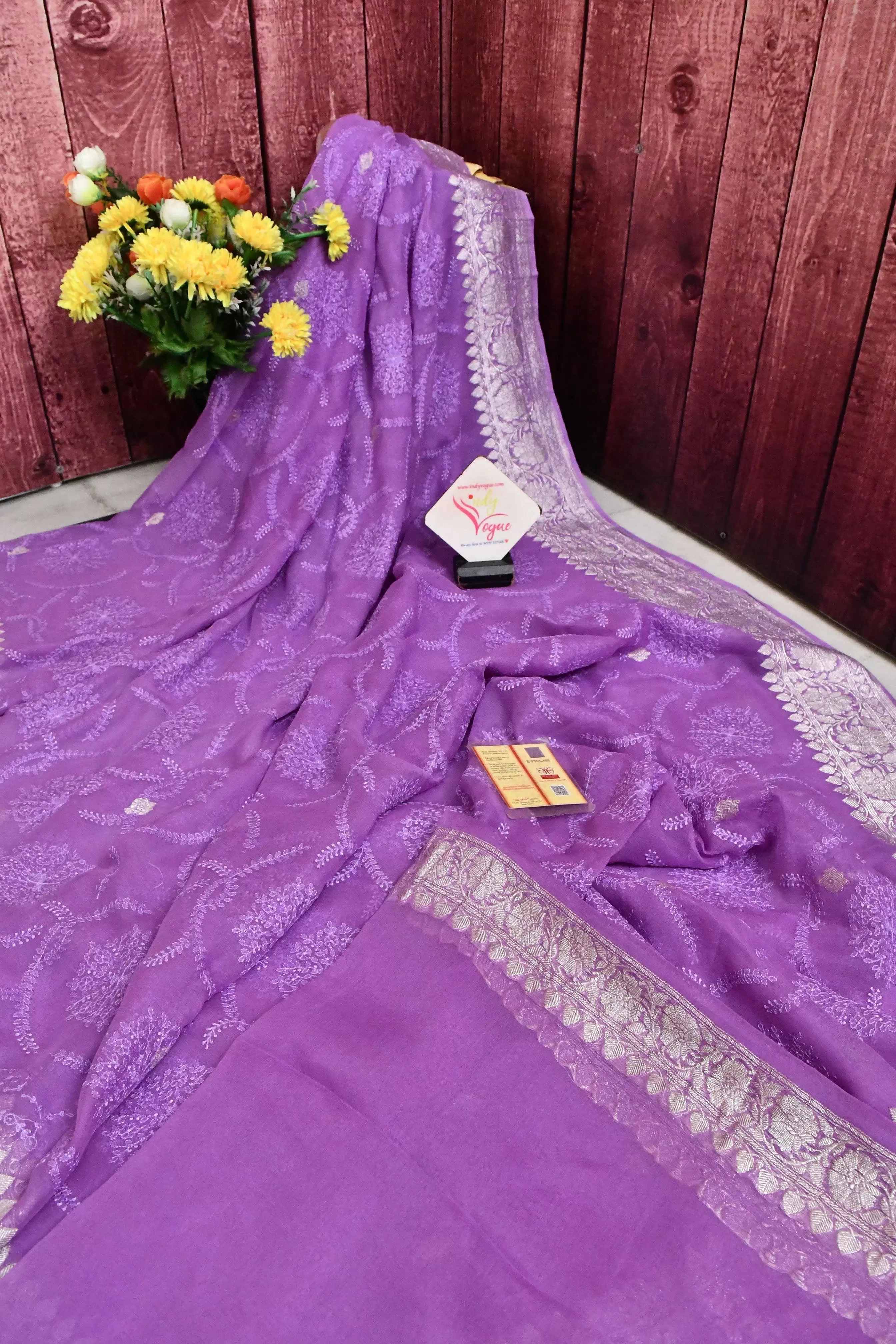 Lavender Color Chiffon Banarasi with Silver Zari and Chikanakri Work