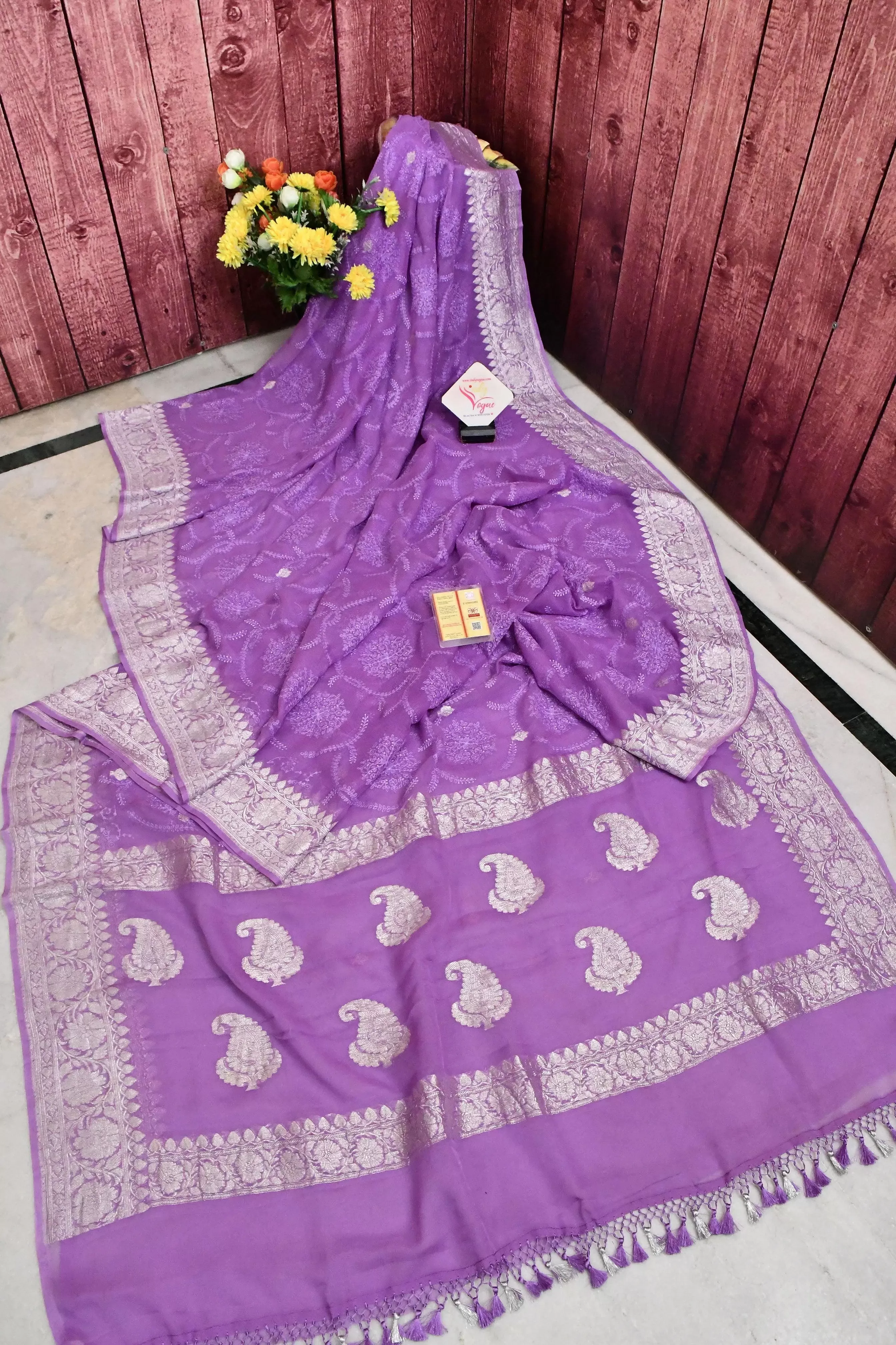 Lavender Color Chiffon Banarasi with Silver Zari and Chikanakri Work