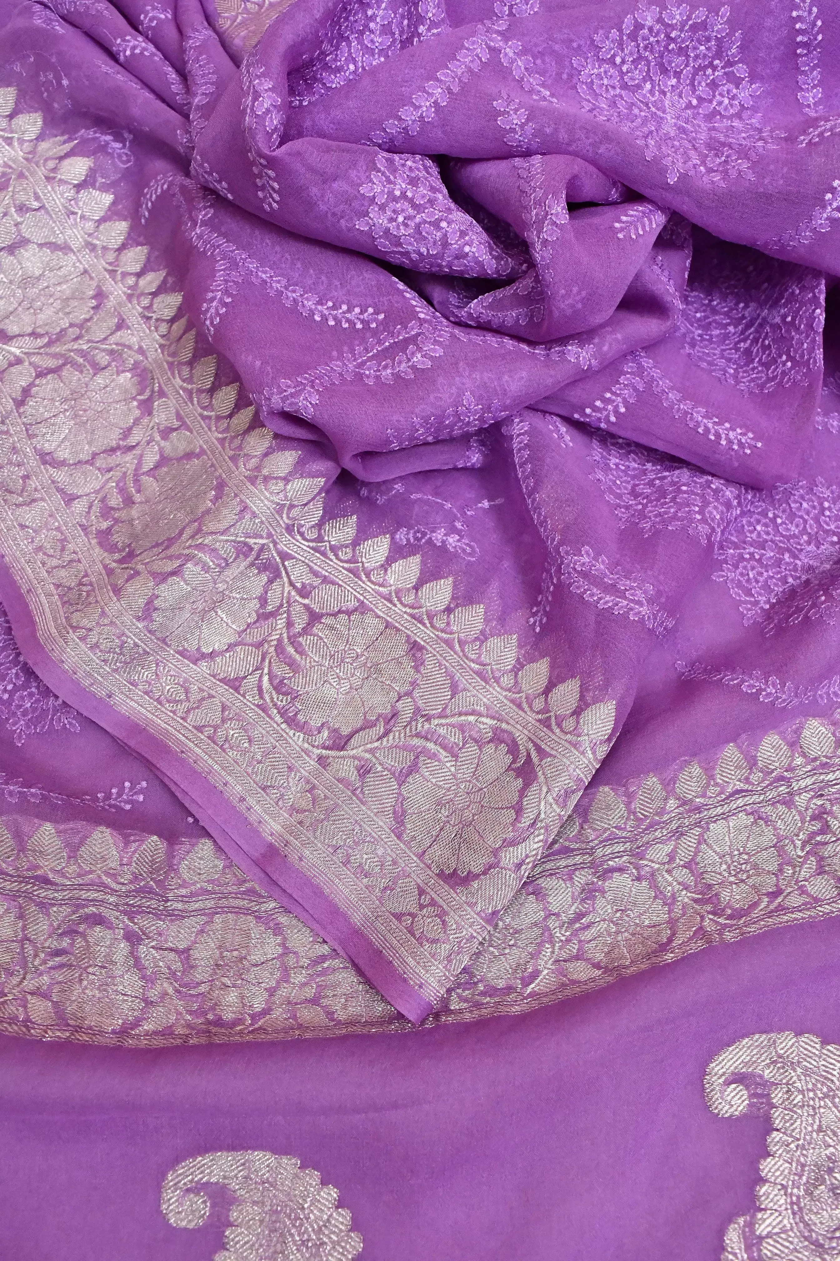 Lavender Color Chiffon Banarasi with Silver Zari and Chikanakri Work