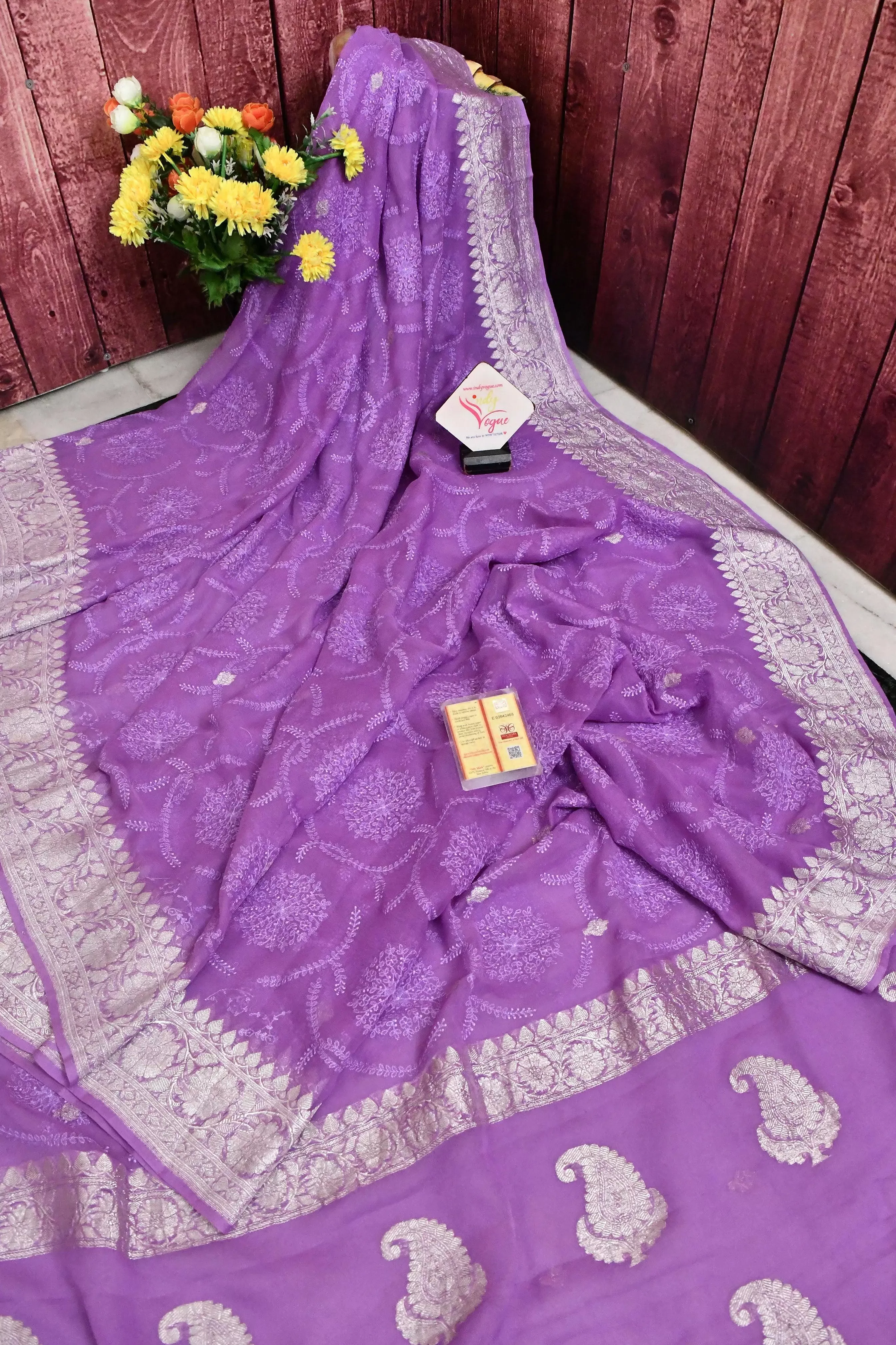 Lavender Color Chiffon Banarasi with Silver Zari and Chikanakri Work