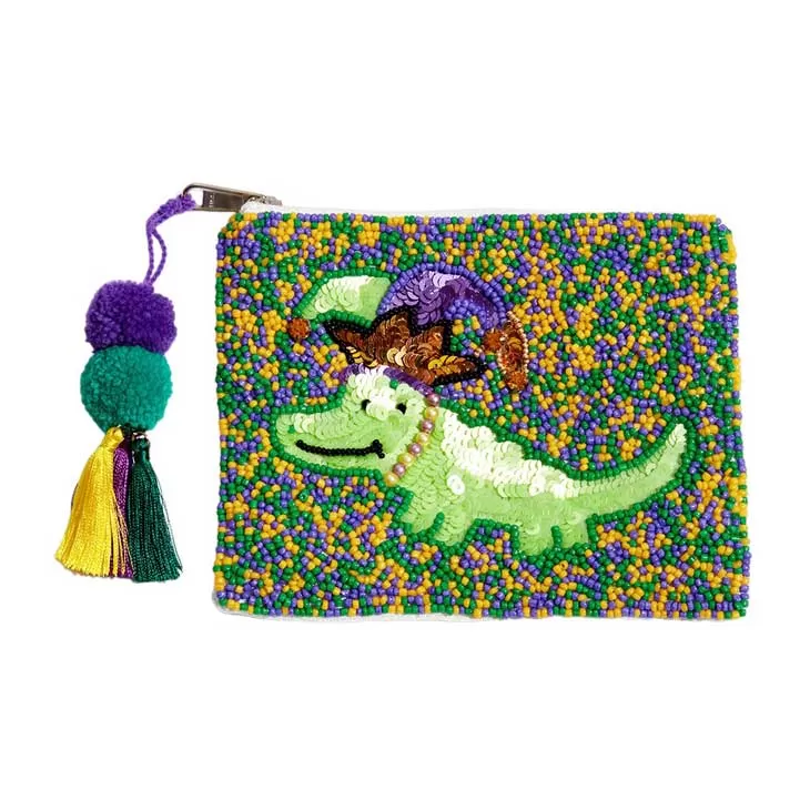 Mardi Gras Beaded Alligator Pom Pom Tassel Mini Pouch Bag