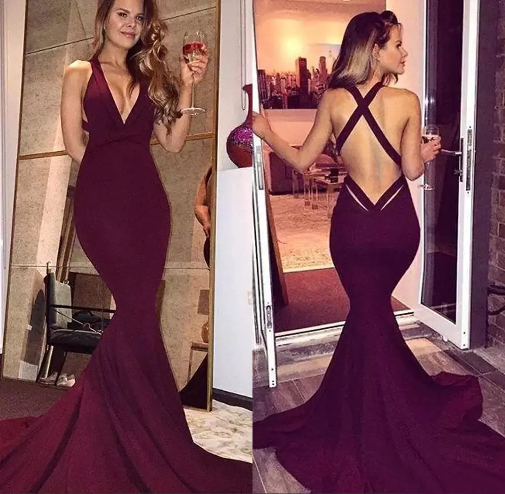 Mermaid Burgundy Prom Dress Sexy V Neck Cheap African Prom Dress #ER368