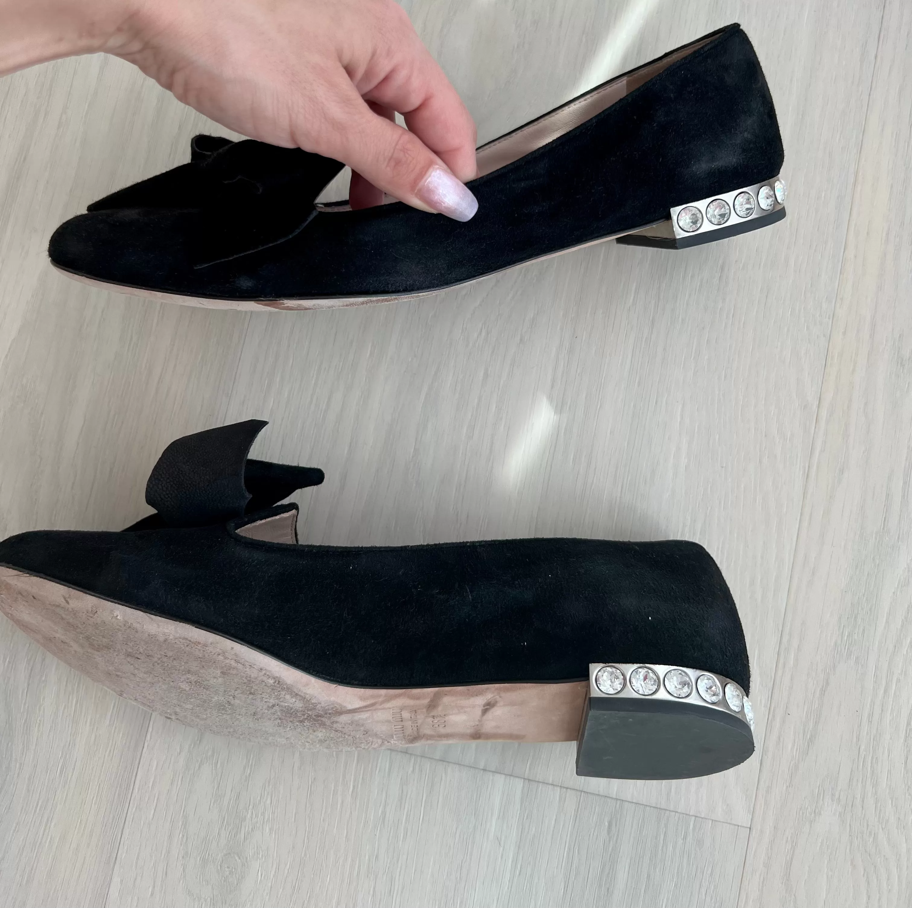 Miu Miu Suede Crystal Bow Loafers