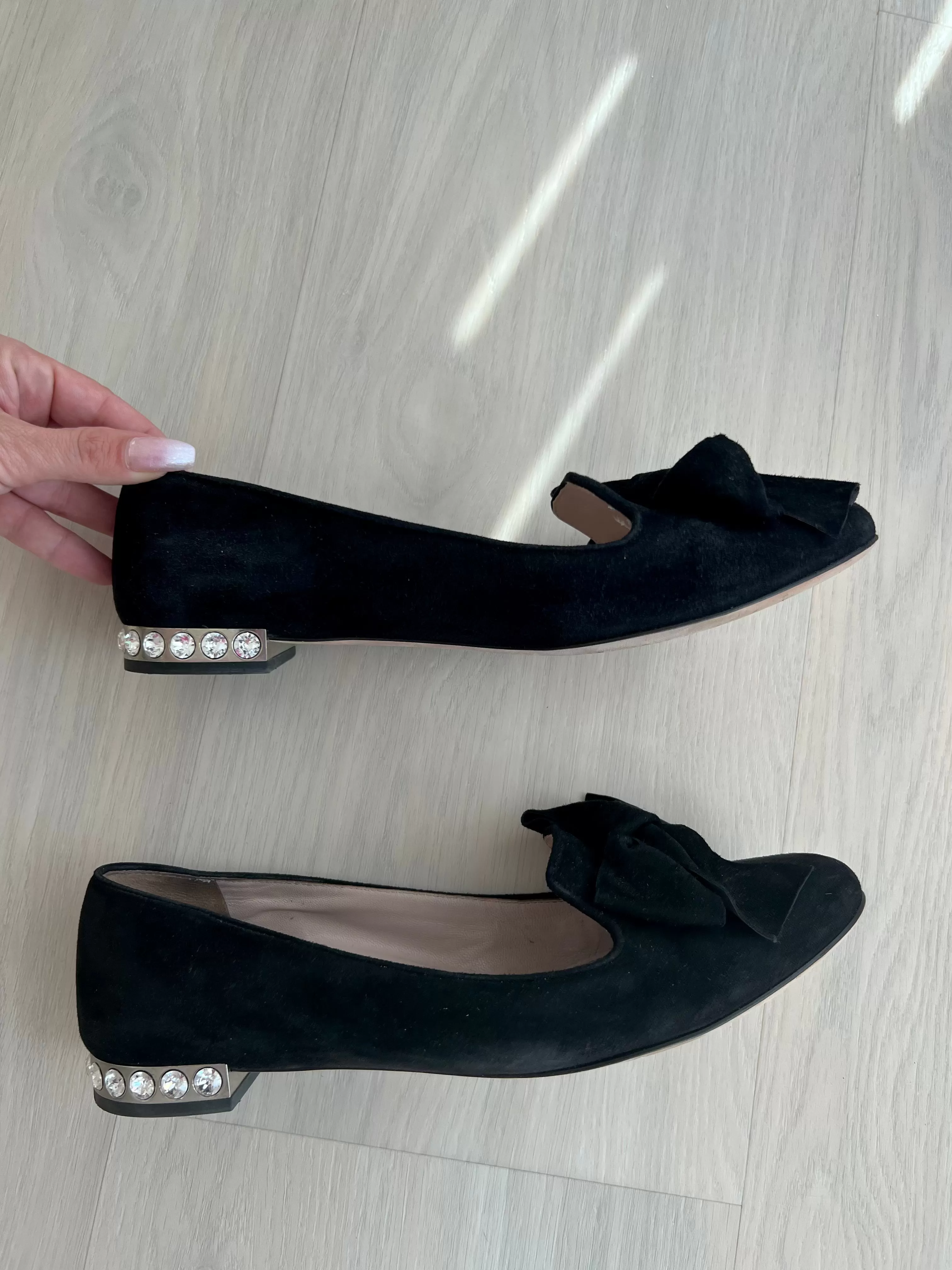 Miu Miu Suede Crystal Bow Loafers