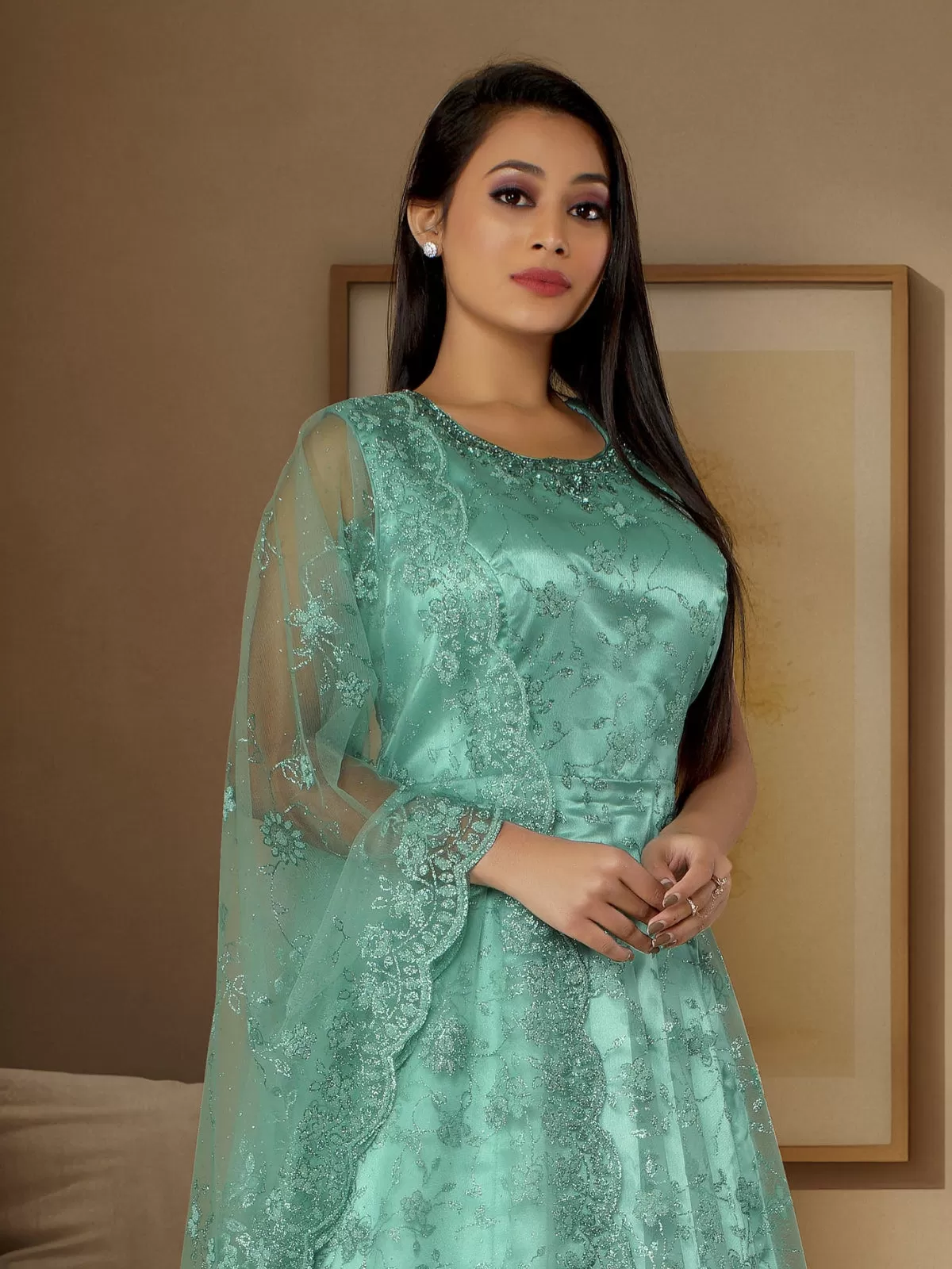 Odette Sea Green Net  Embroidered Stitched Gown for Women