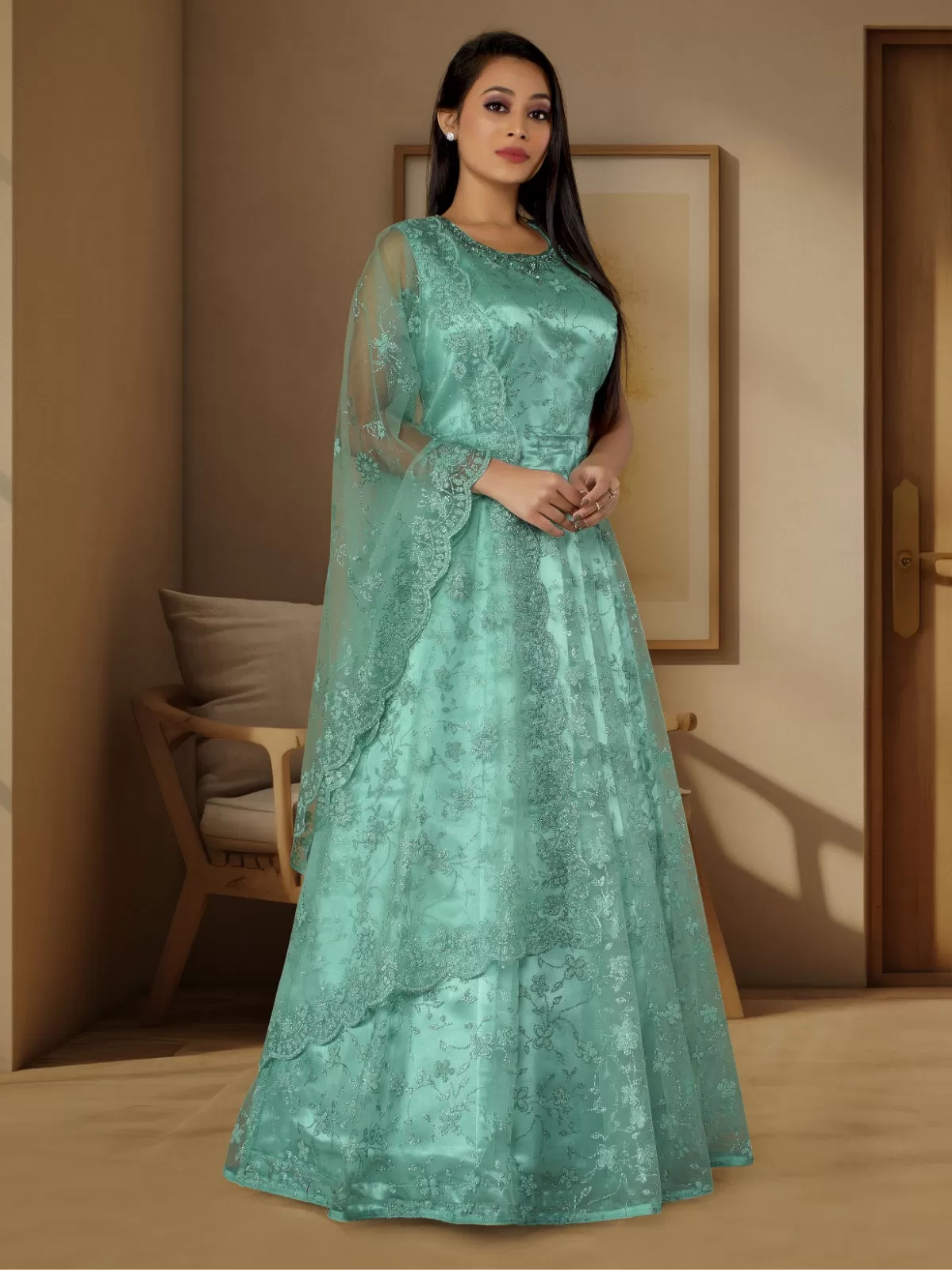 Odette Sea Green Net  Embroidered Stitched Gown for Women