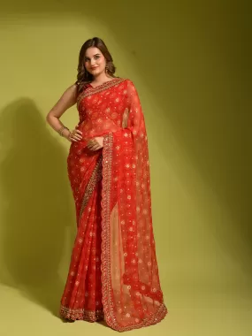 Odette Women Red Georgette Designer Saree With Unstitched Blouse