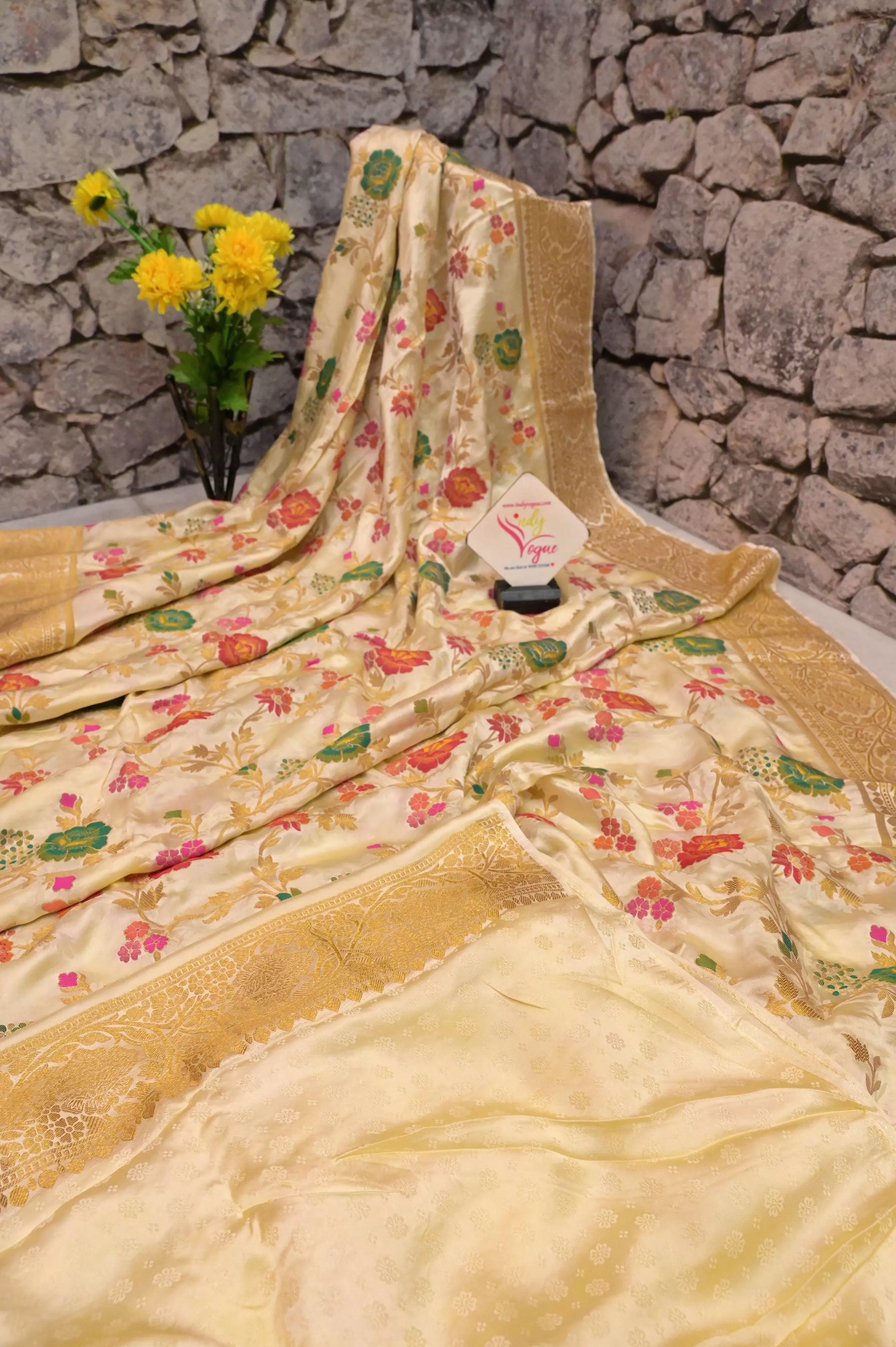 Offwhite Color Satin Katan Banarasi Saree with Meenakari Work