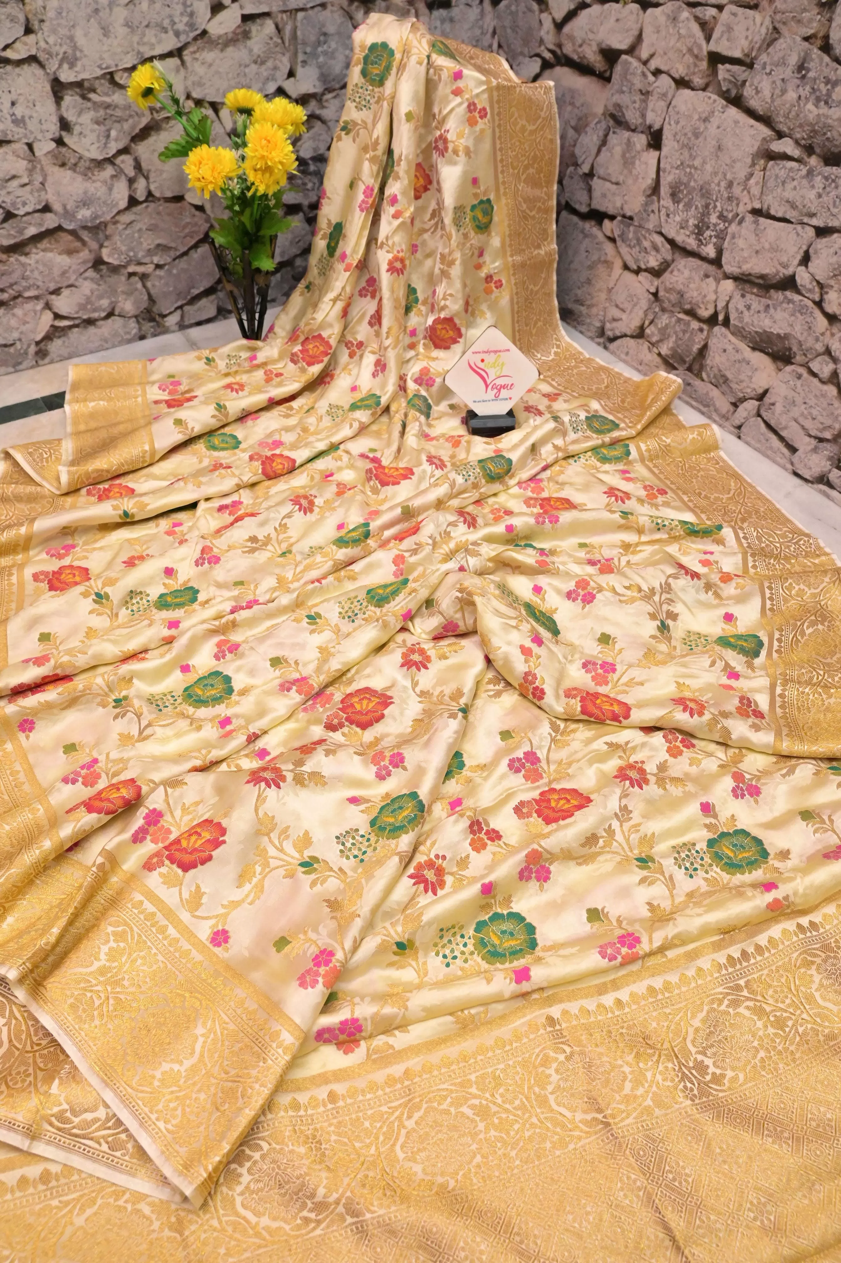 Offwhite Color Satin Katan Banarasi Saree with Meenakari Work