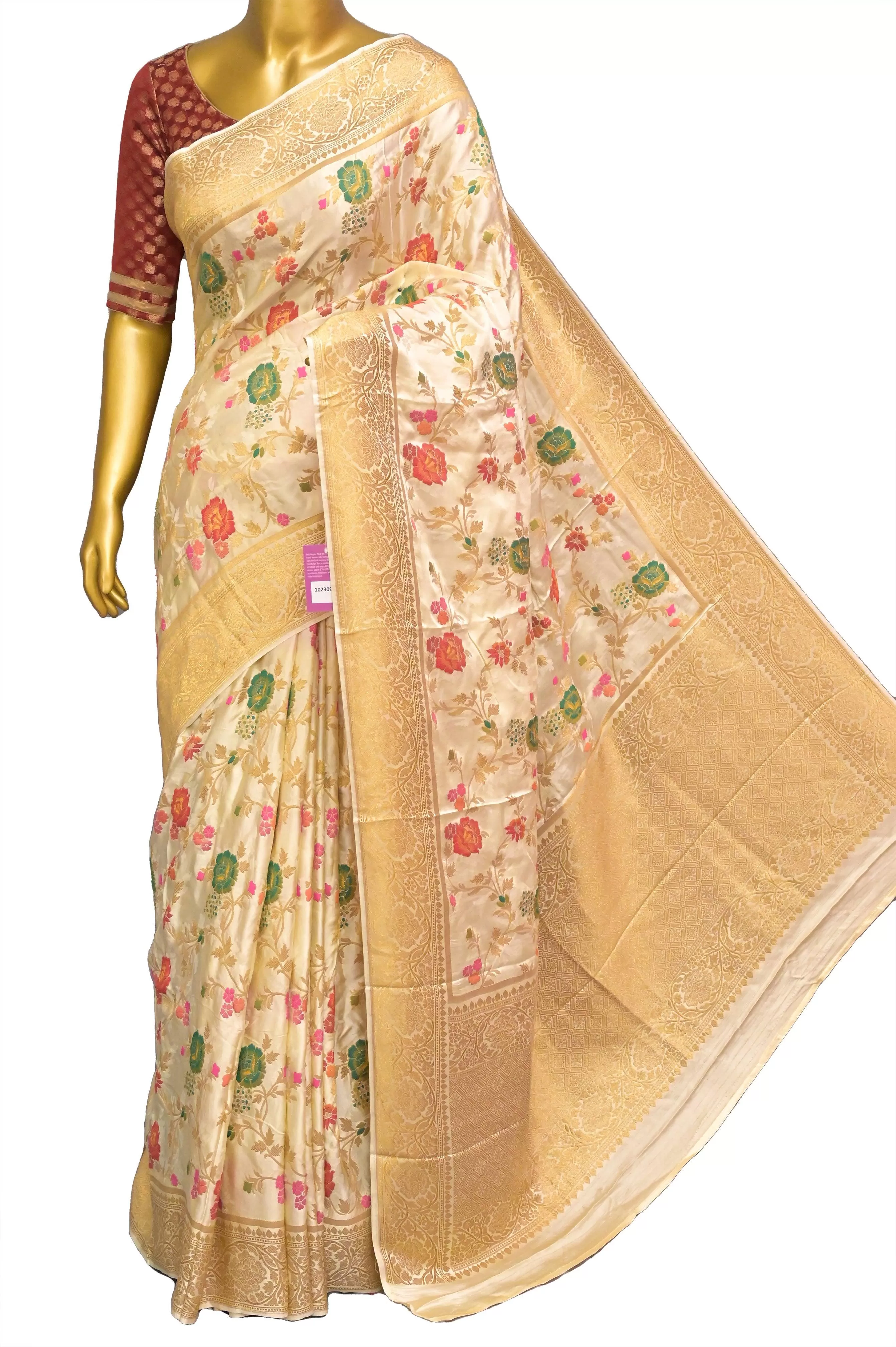 Offwhite Color Satin Katan Banarasi Saree with Meenakari Work