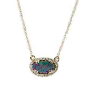 Opal and Diamond Halo Necklace in 14k Yellow Gold 9.10x5.20mm