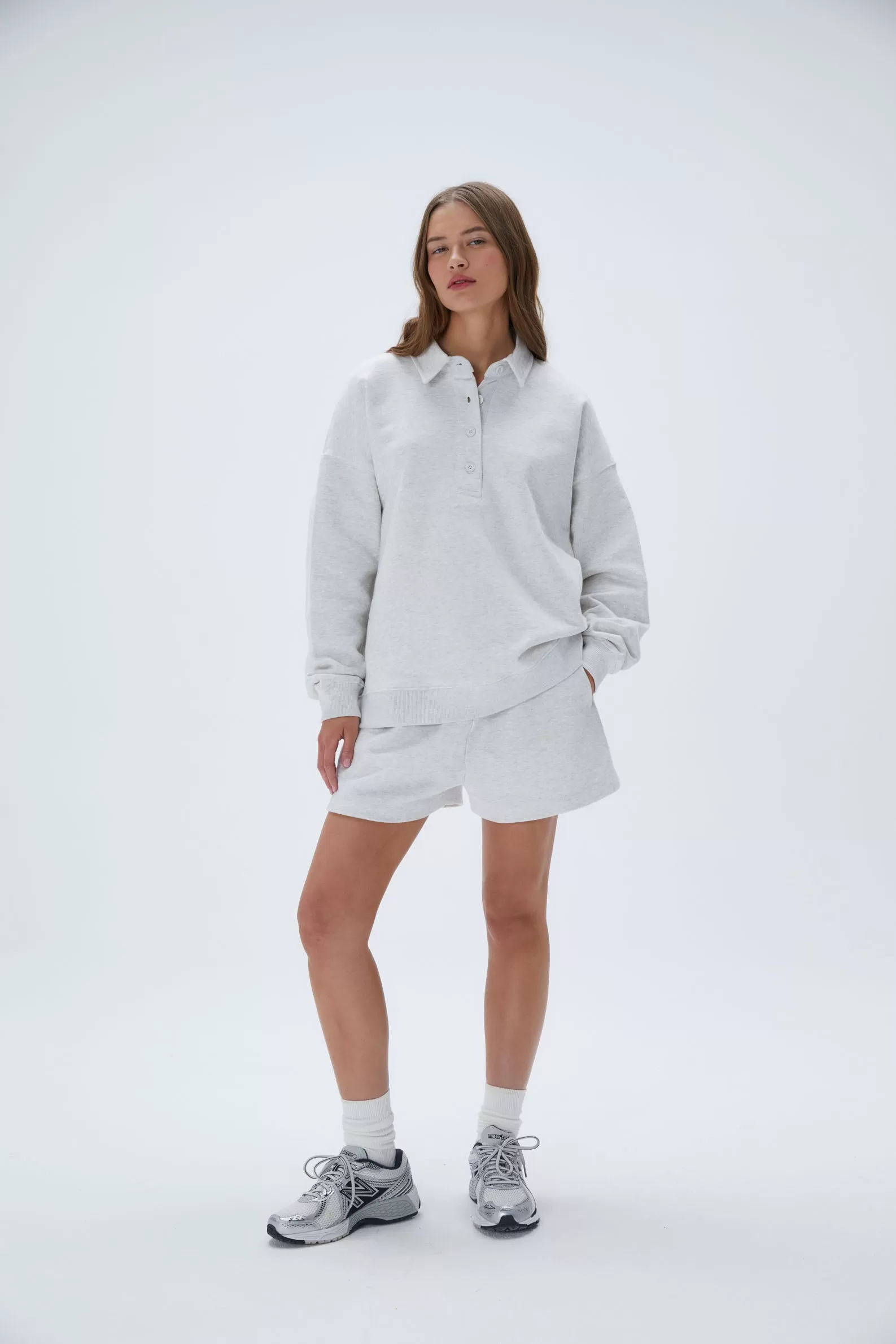 Oversized Button Up Sweatshirt - Light Grey Melange