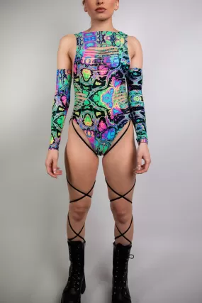 Prismatic Slit Sideboob Bodysuit with Leg Straps