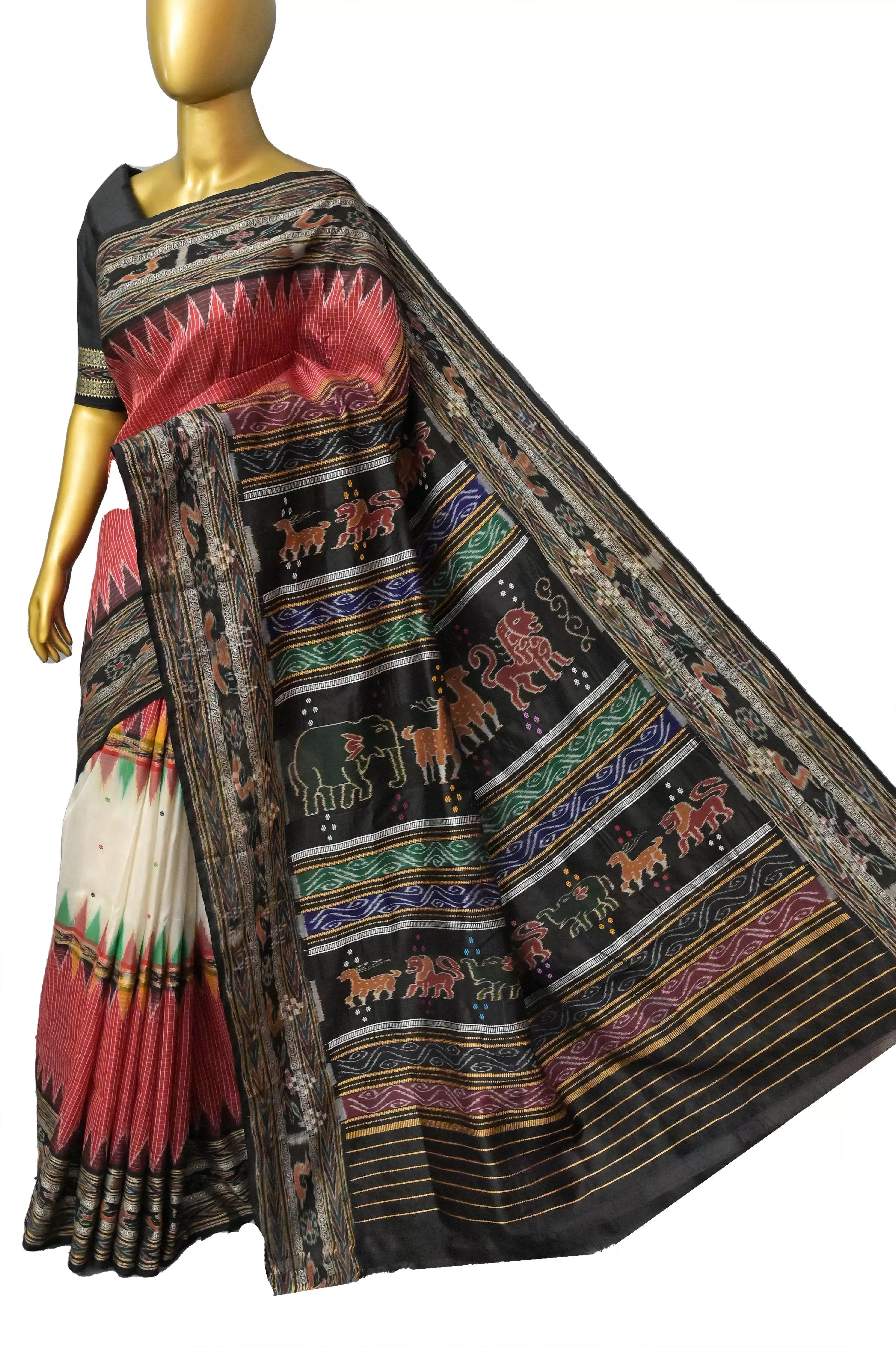 Red and Black Color Sambapuri Silk Saree with Checks and Temple Border