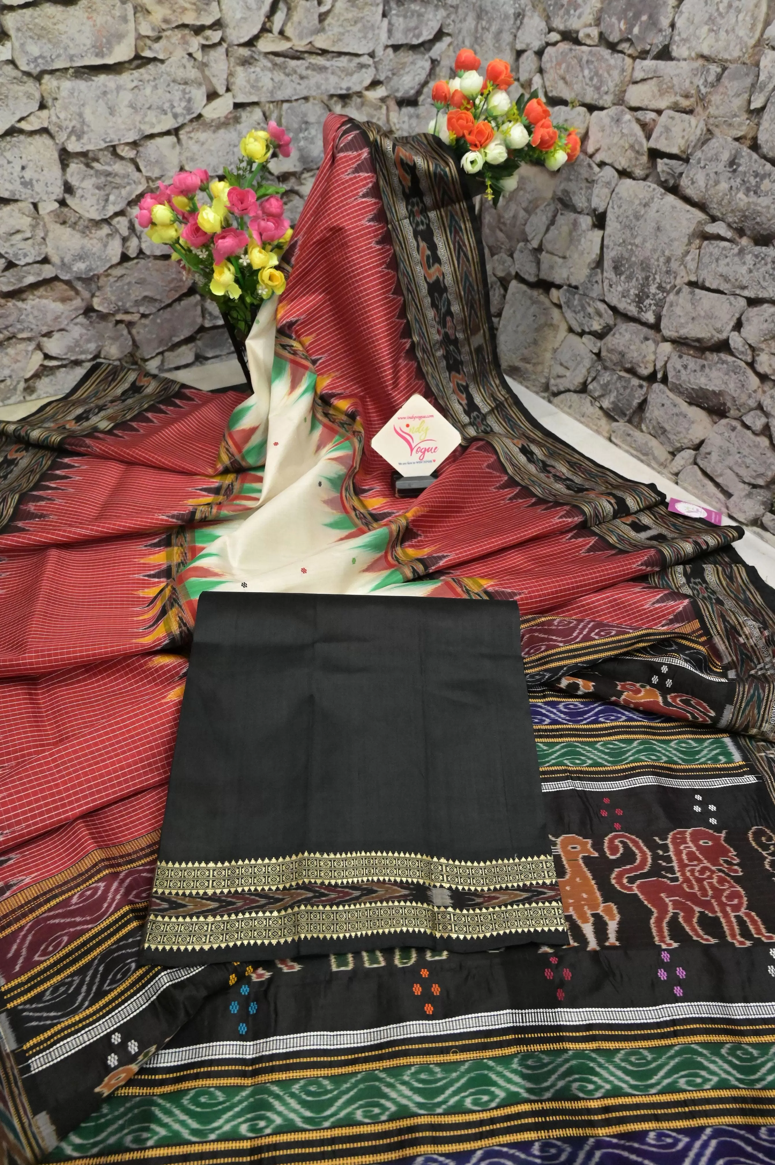 Red and Black Color Sambapuri Silk Saree with Checks and Temple Border