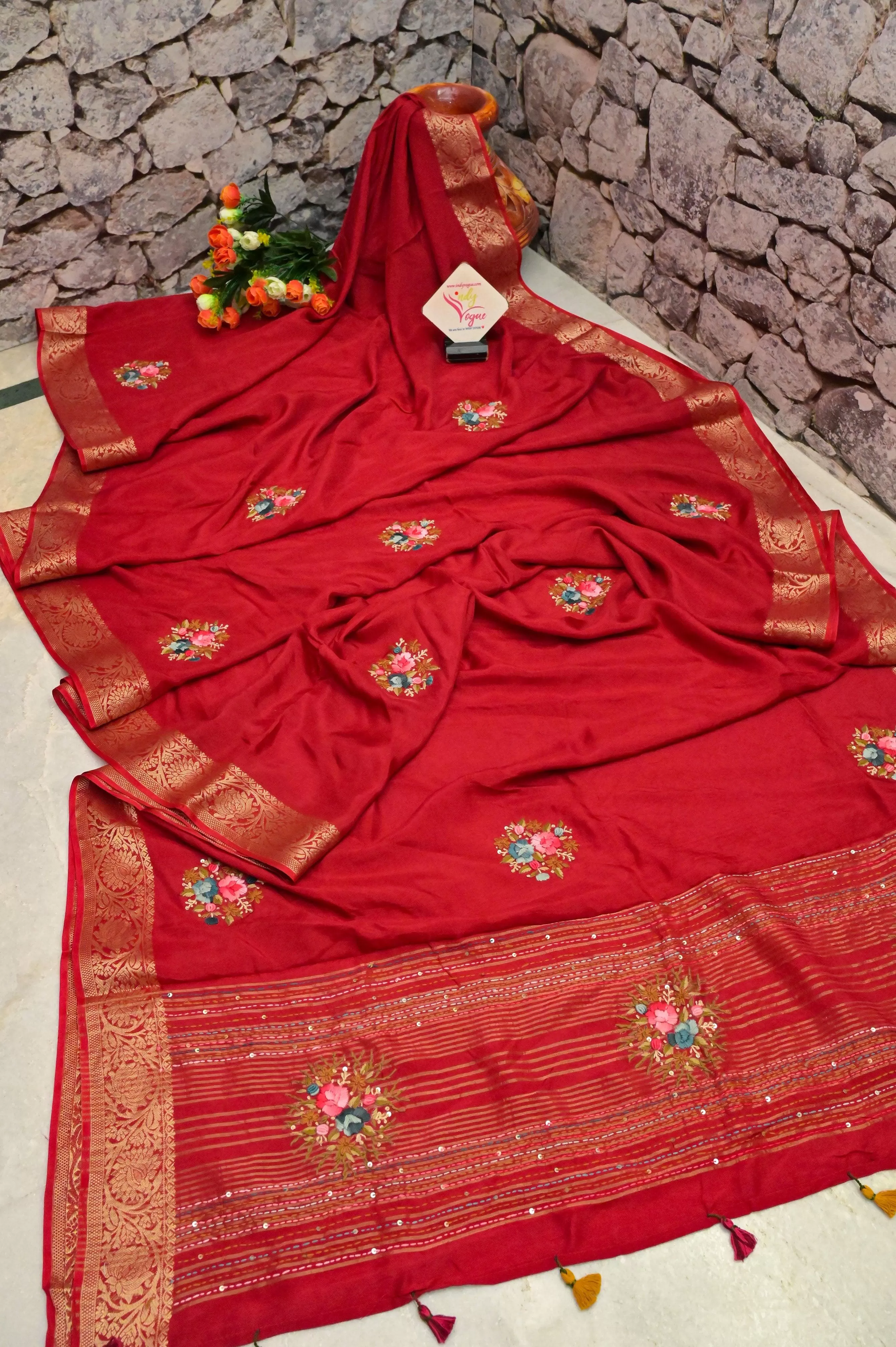 Red Color Chinon Silk Banarasi with Hand Bullion Embroidery and Sequins