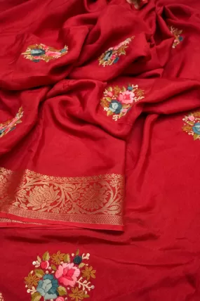 Red Color Chinon Silk Banarasi with Hand Bullion Embroidery and Sequins