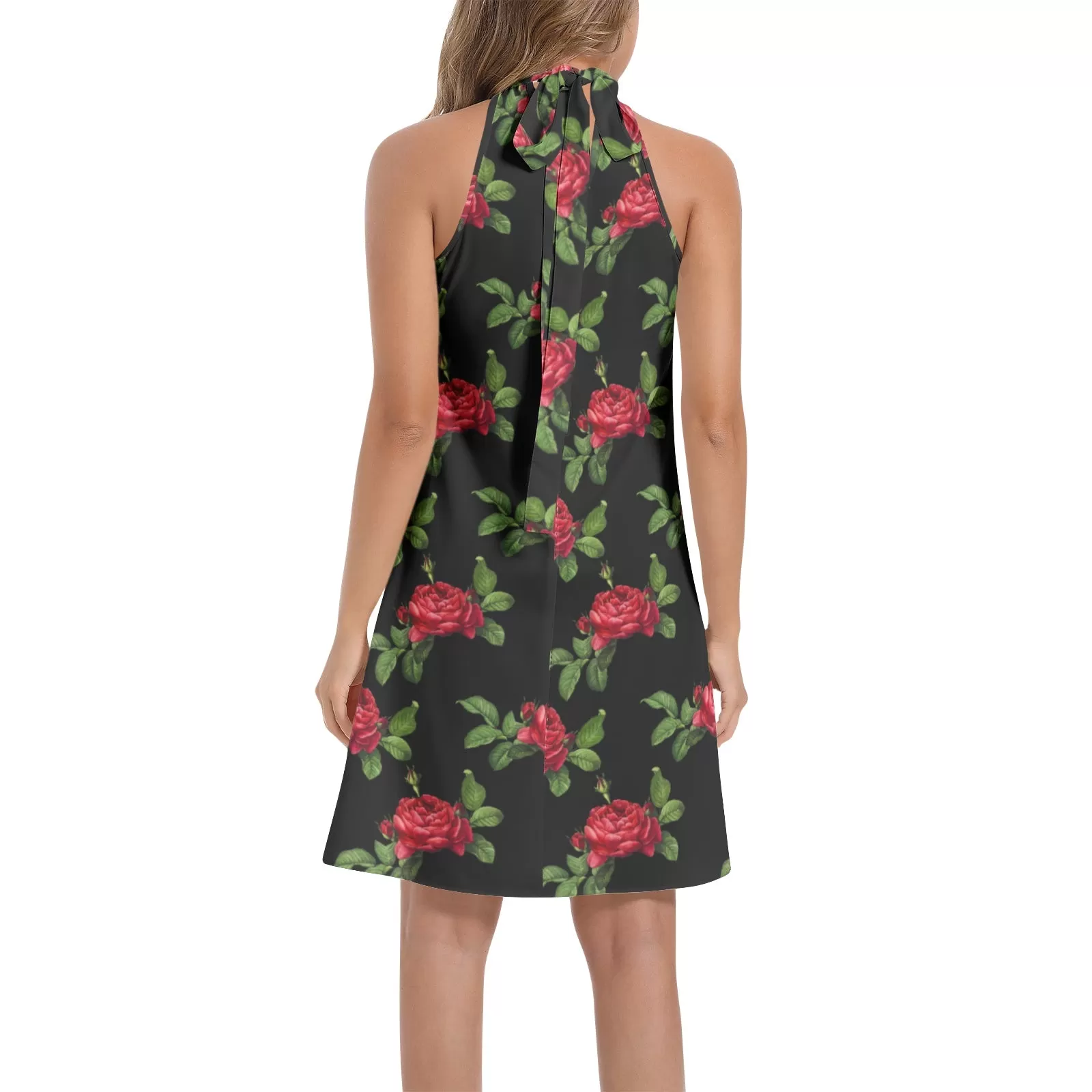 Red Roses Tie Back Halter Neck Flared Dress