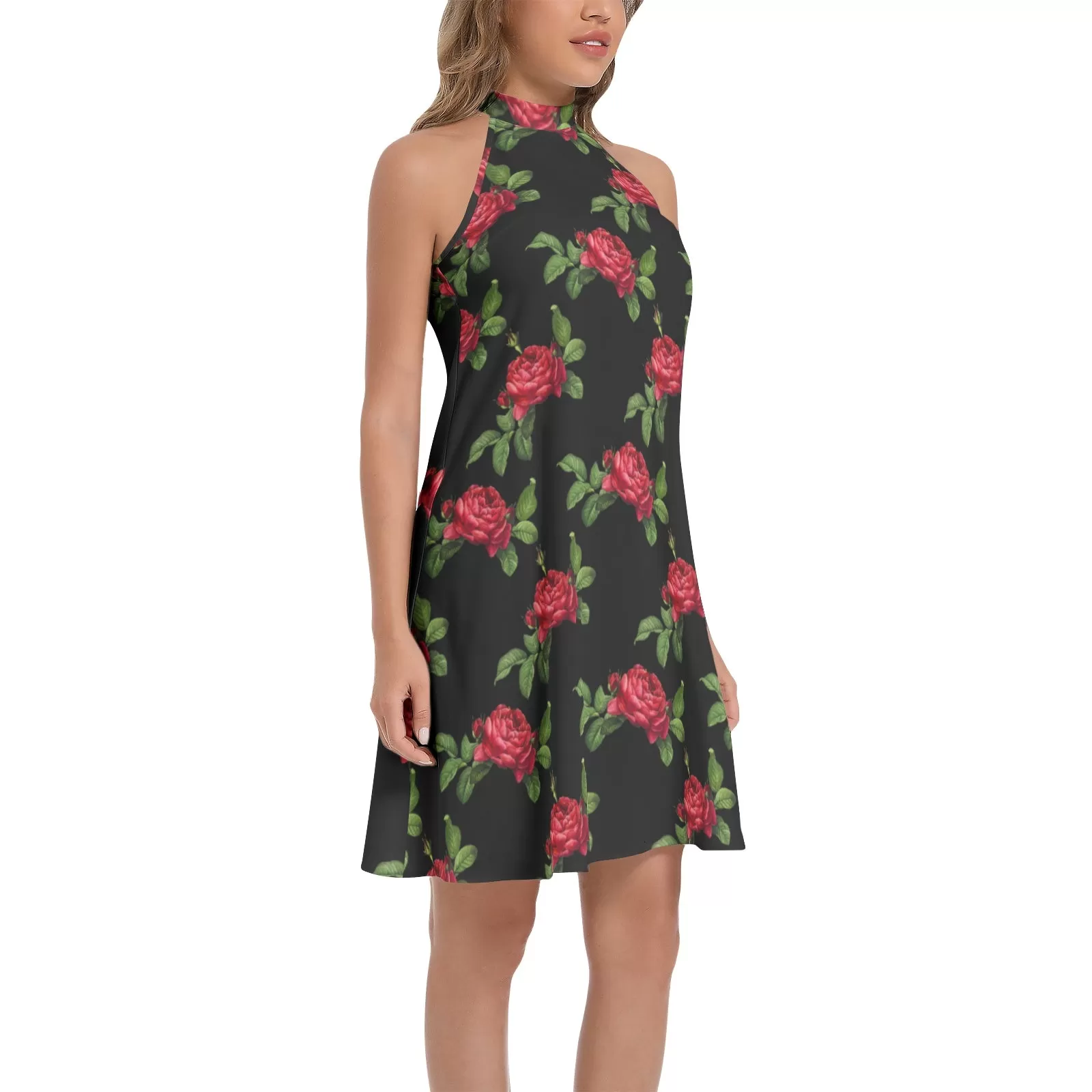 Red Roses Tie Back Halter Neck Flared Dress