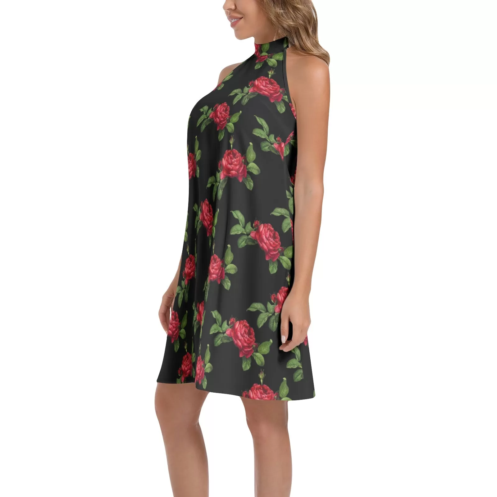 Red Roses Tie Back Halter Neck Flared Dress