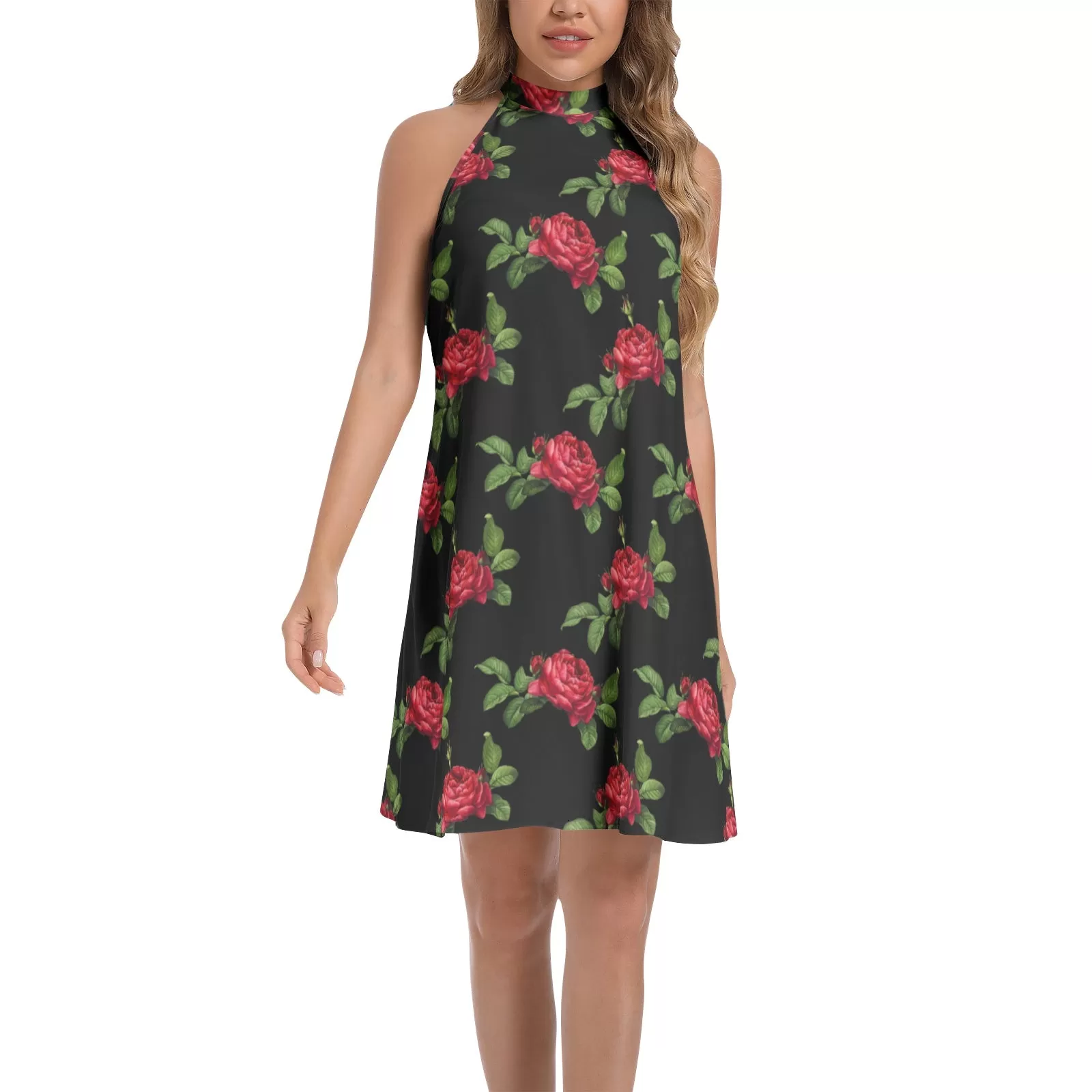 Red Roses Tie Back Halter Neck Flared Dress