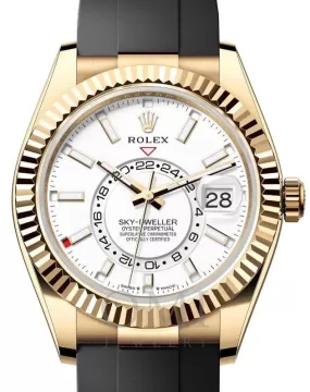 ROLEX SKY-DWELLER YELLOW GOLD WHITE INDEX DIAL OYSTERFLEX 336235 WITH RUBBER STRAP